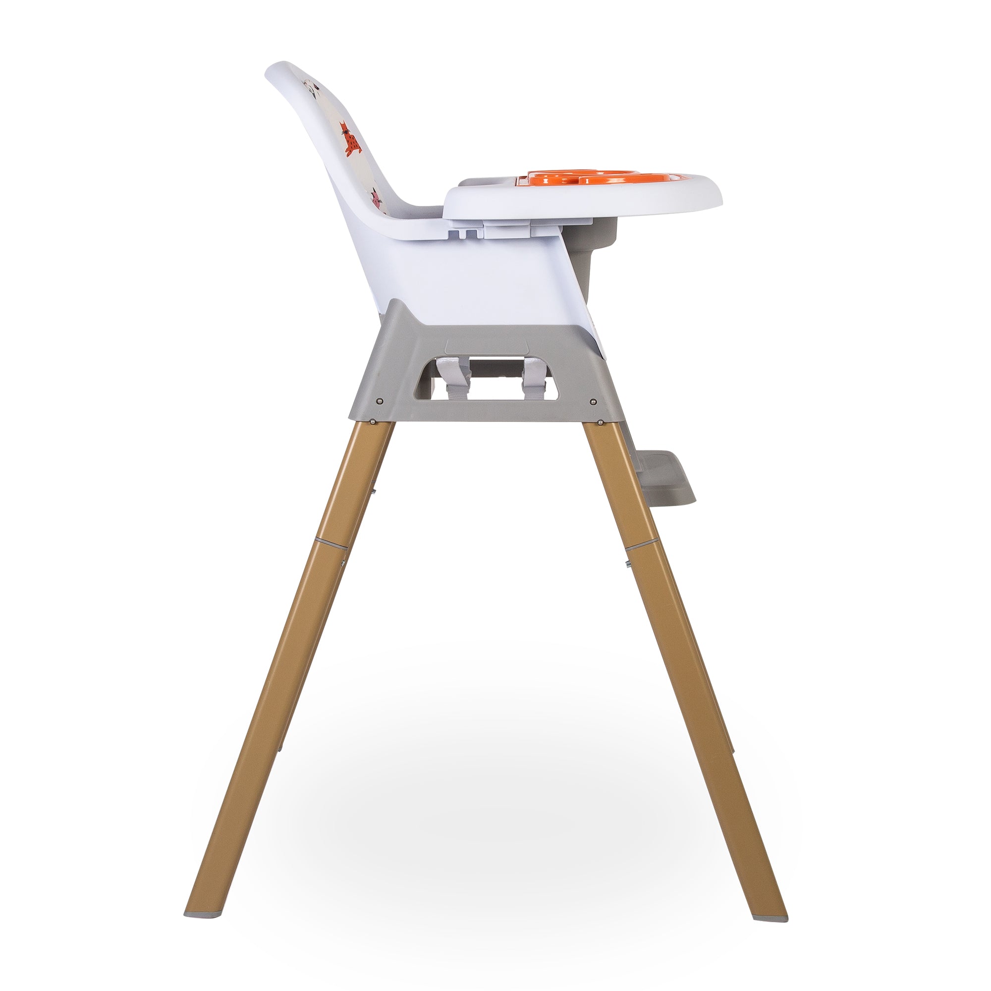 High chair with white seat and wooden legs on a white background