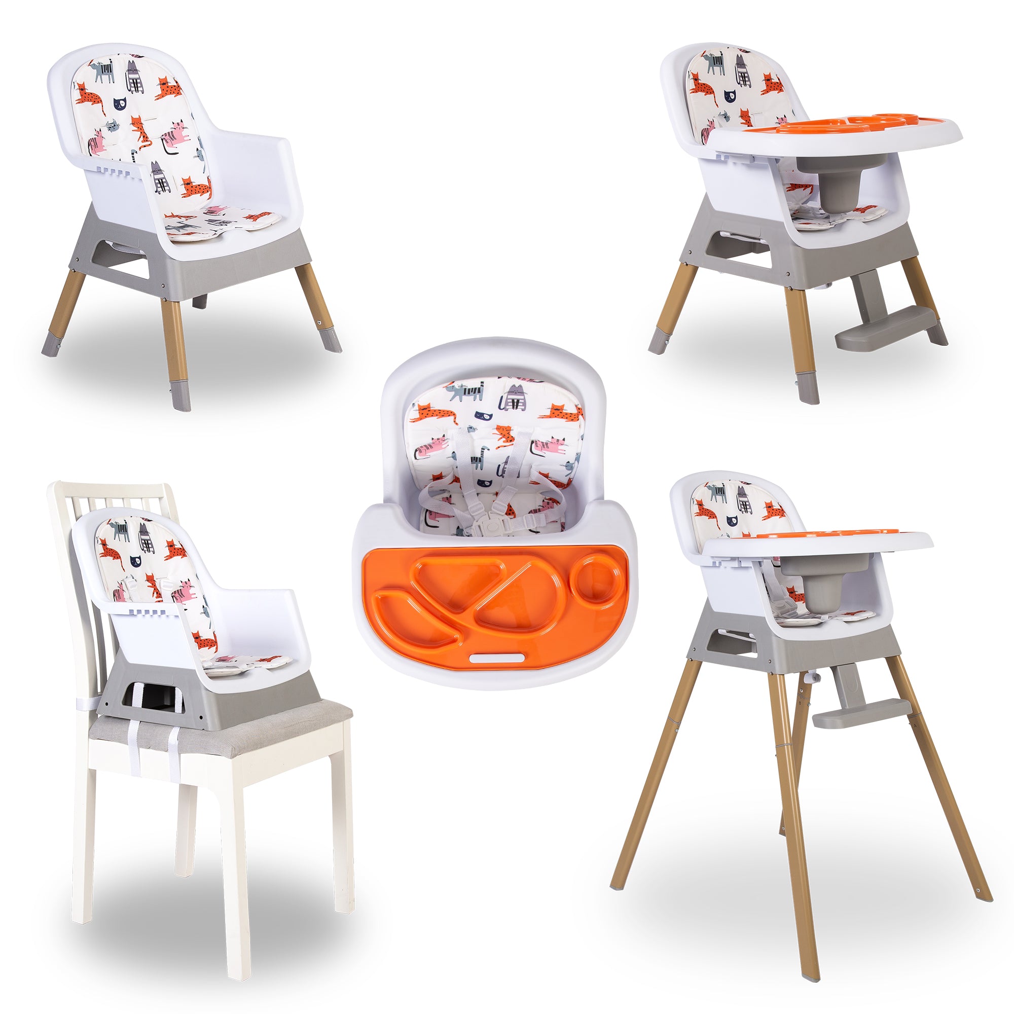 Set of baby high chairs with the same design on a white background