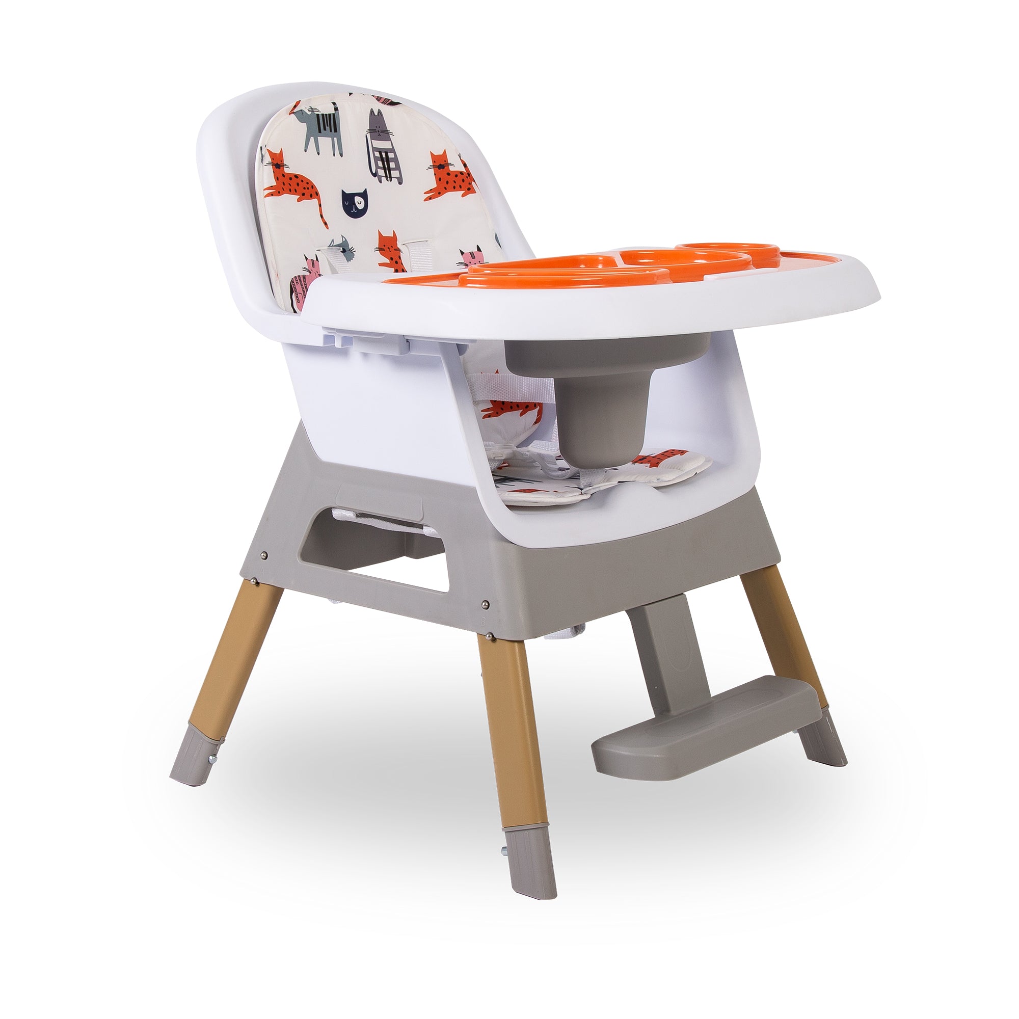 Children's high chair with animal-patterned backrest on a white background