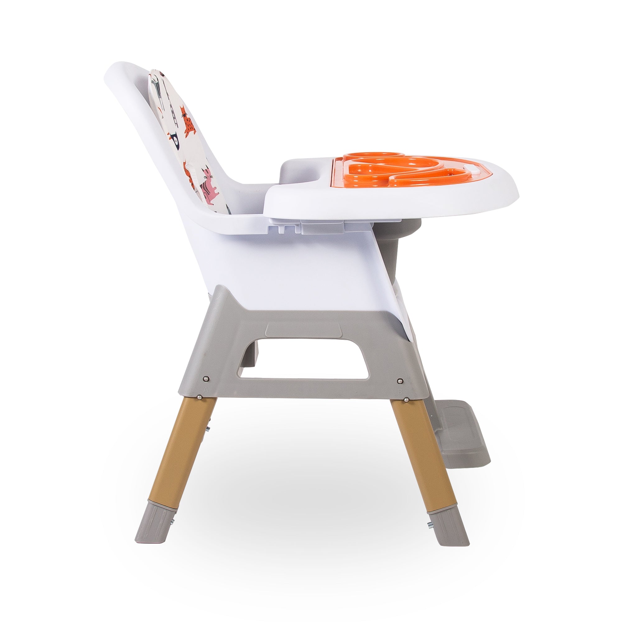Children's high chair with tray on a white background