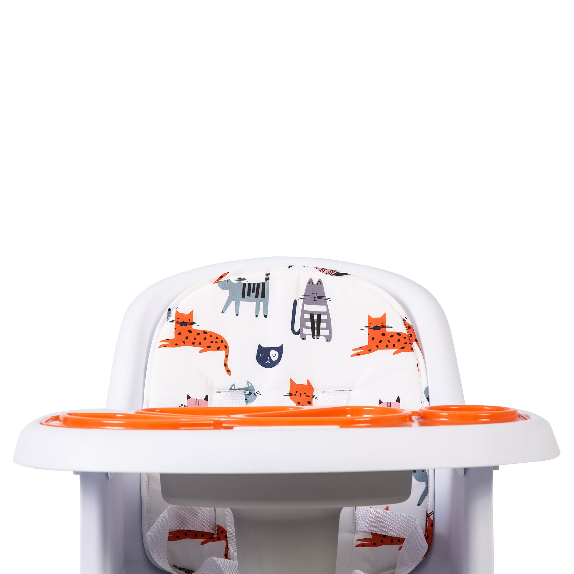 Children's high chair with a colorful cat pattern on the backrest and orange tray.