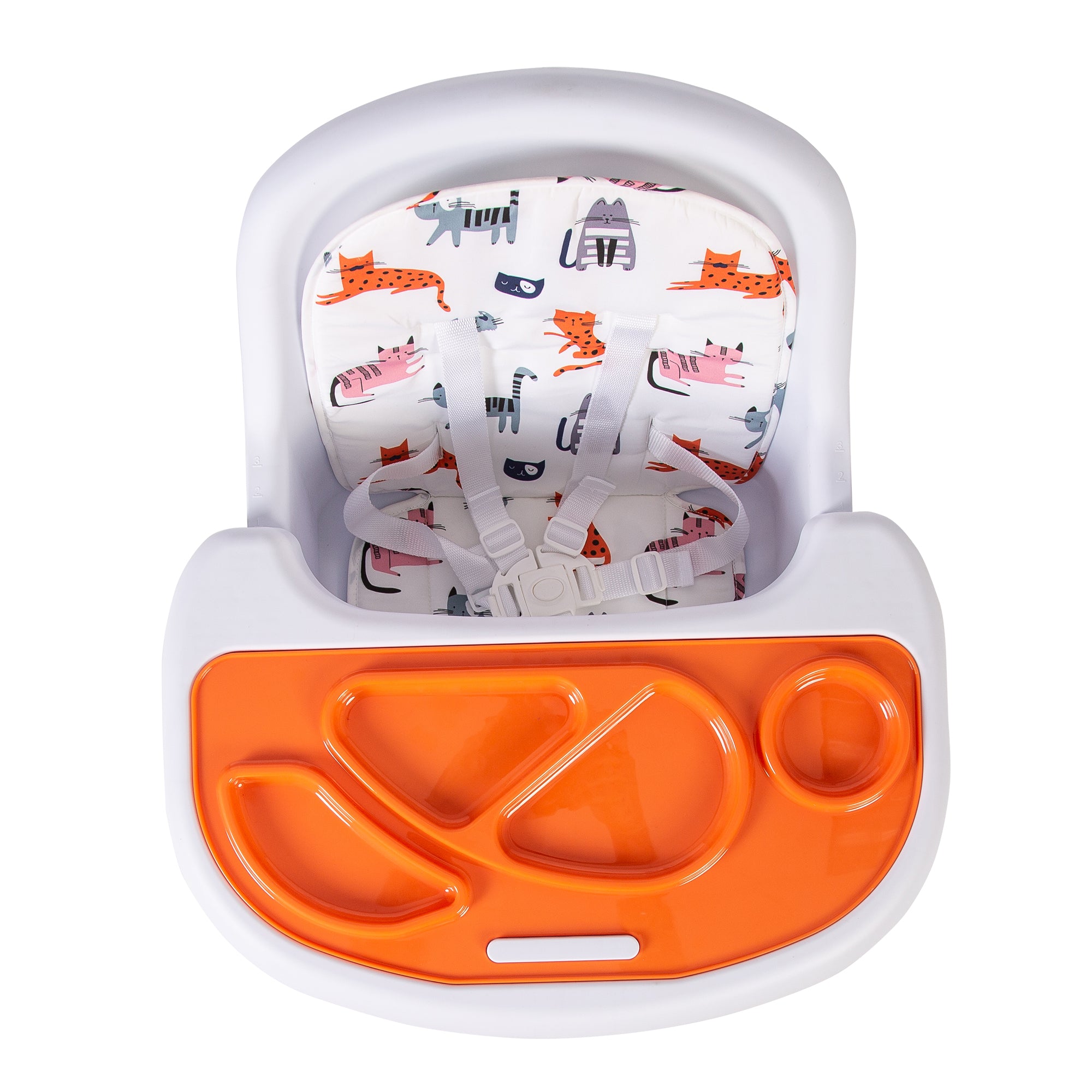 Baby high chair with orange tray and patterned cushion on a white background