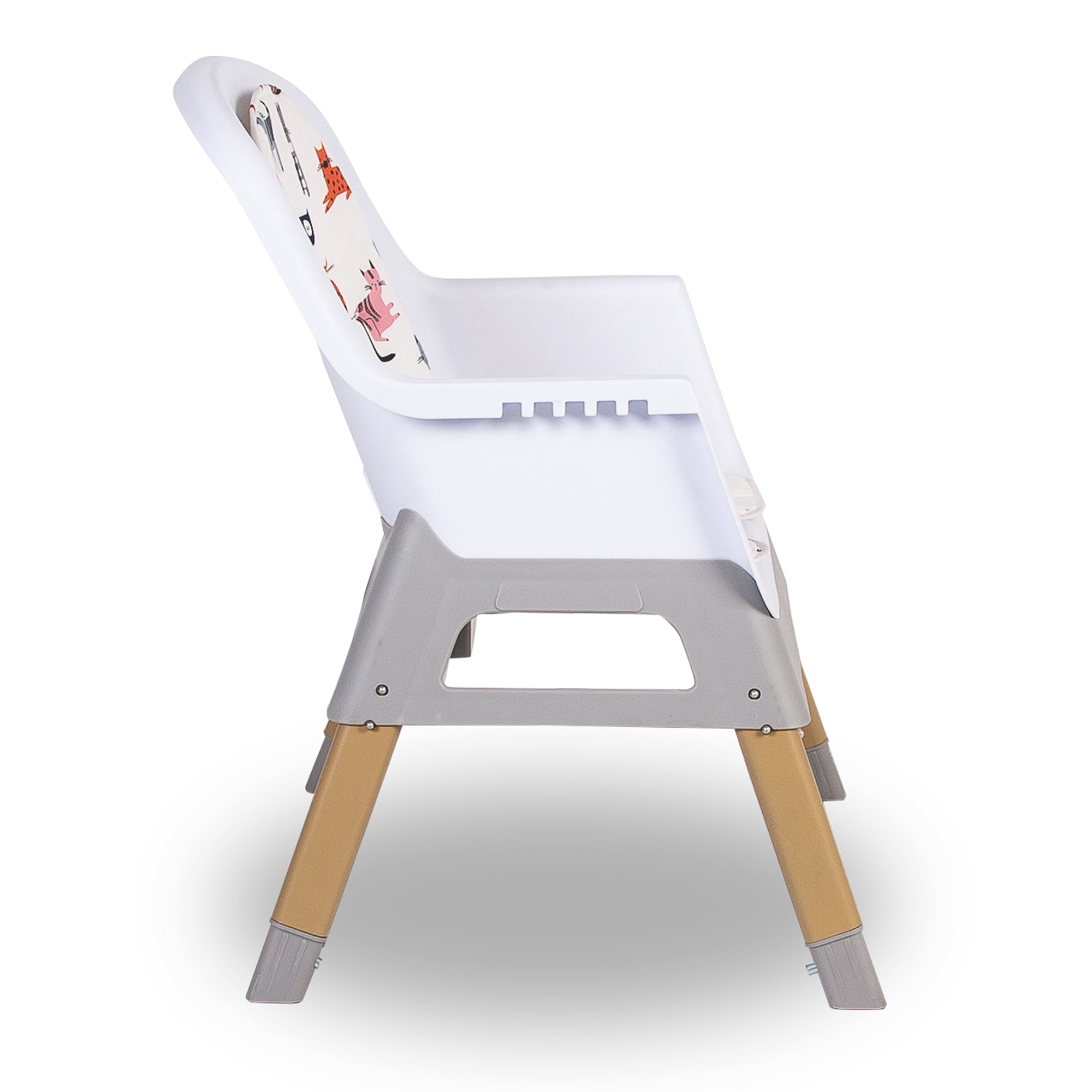 Children's chair with white seat and backrest, gray frame, and gold legs on a white background