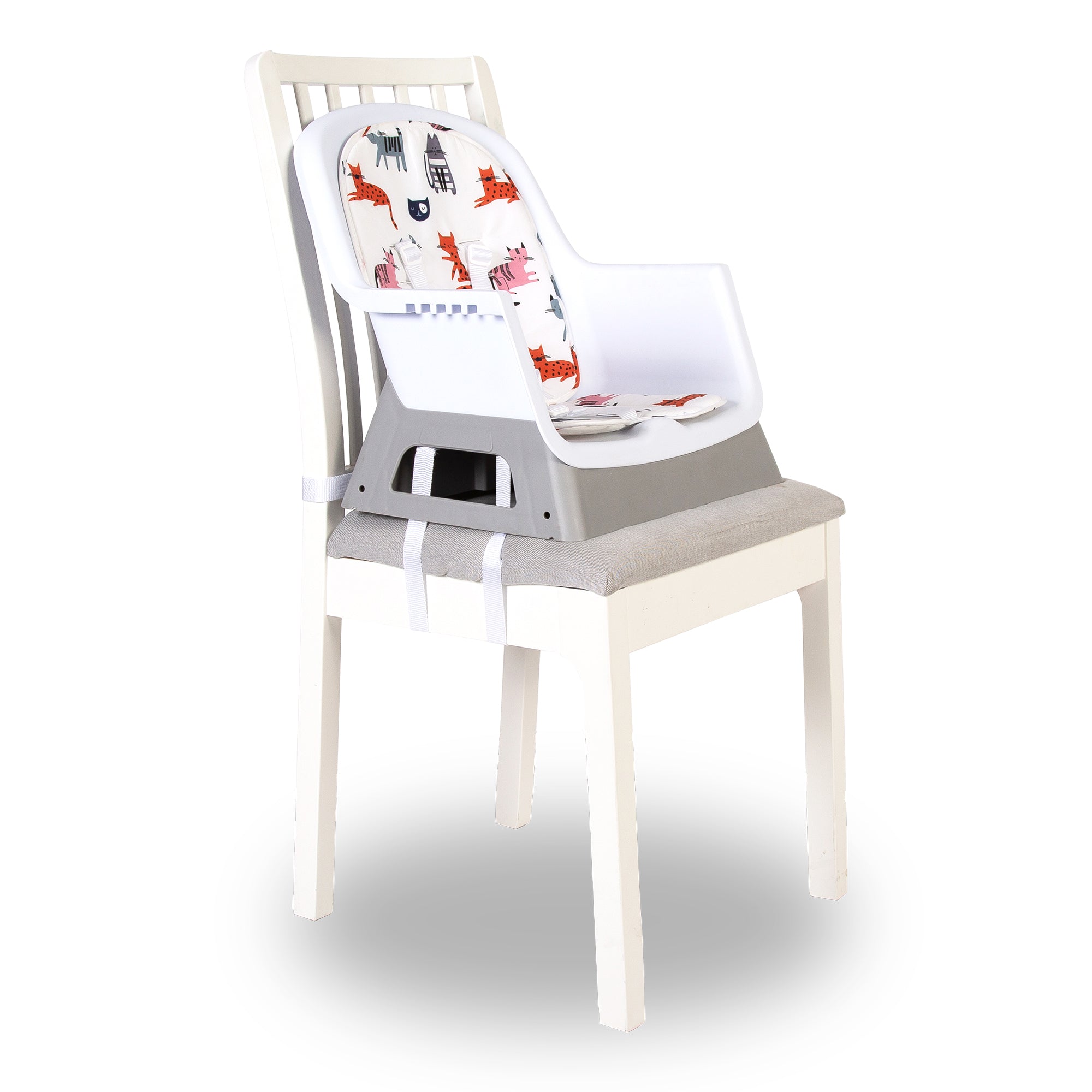 Baby high chair with a cushion on a white background