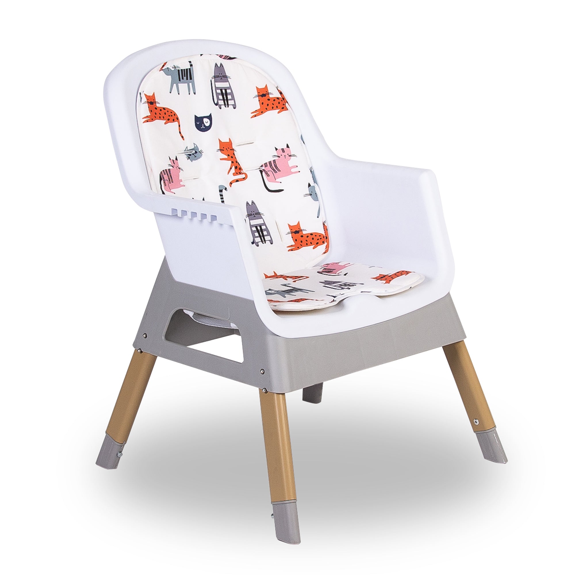 Children's high chair with patterned cushion on a white background