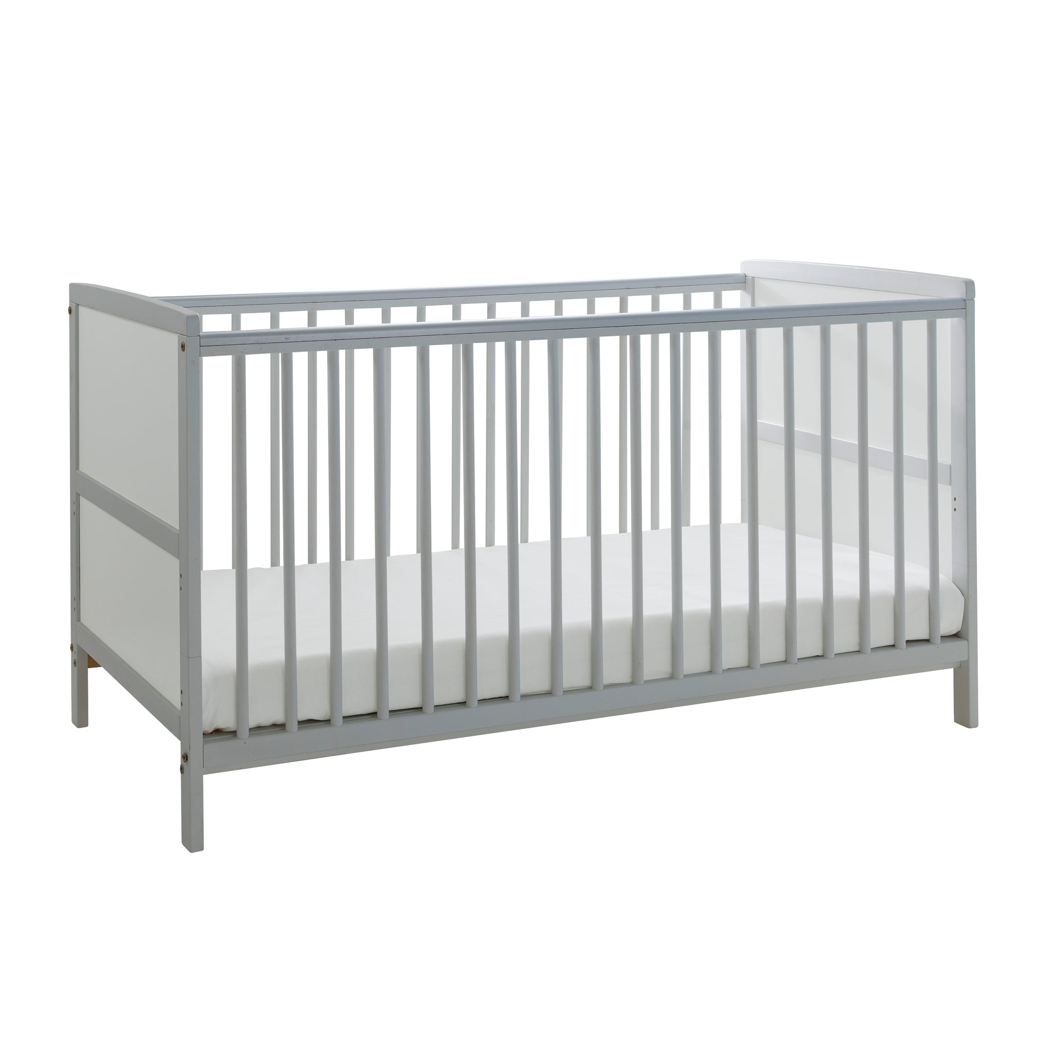 Grey cot with white mattress on a white background
