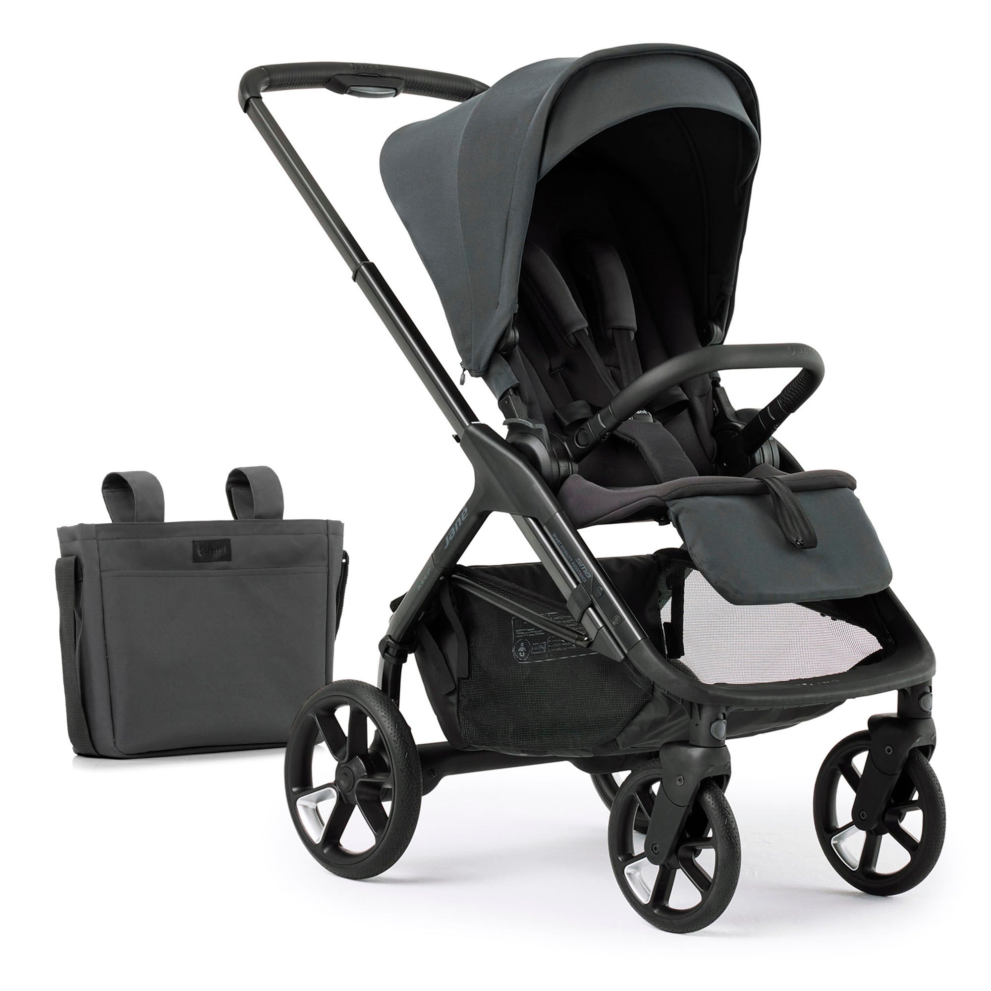 Black stroller with matching bag on a white background