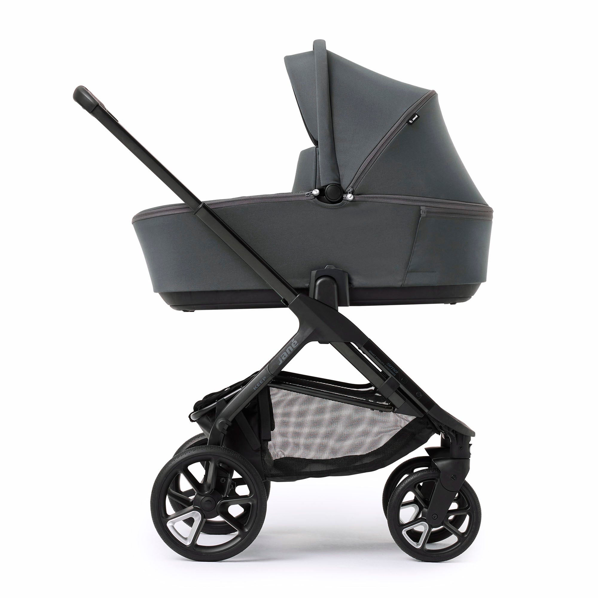Black baby stroller with canopy on a white background