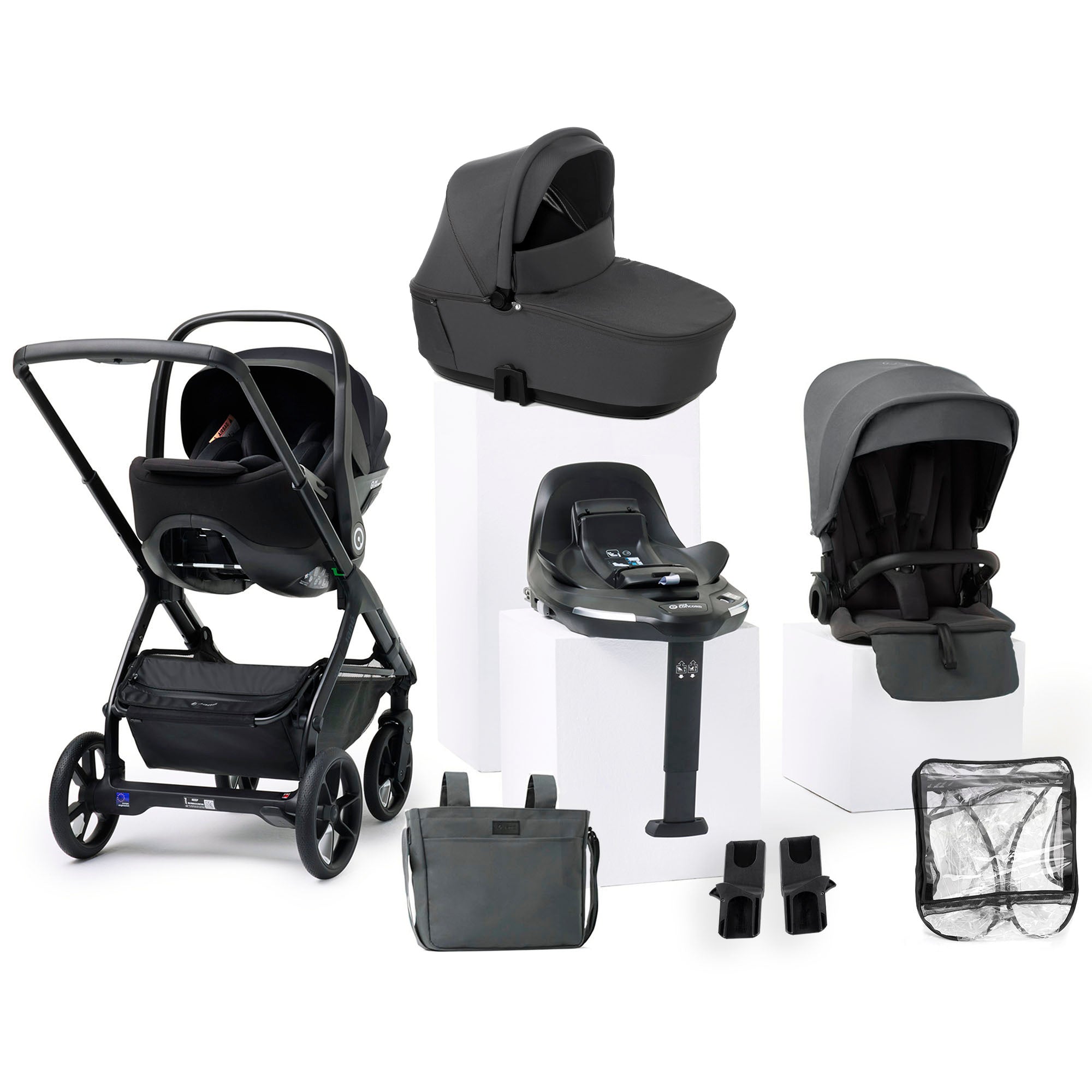 Collection of baby stroller and car seat components on a white background