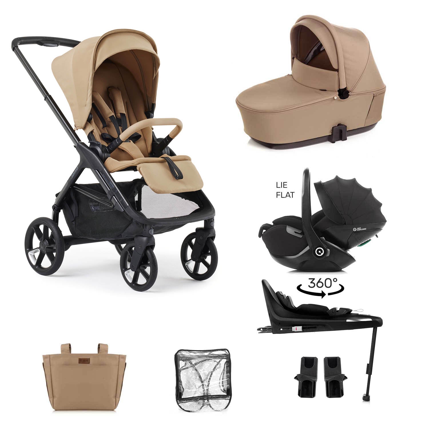 Collage of a beige and black stroller with accessories on a white background