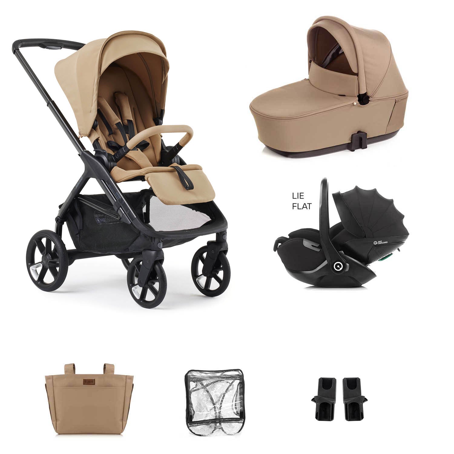 Collage of a beige and black stroller with accessories on a white background