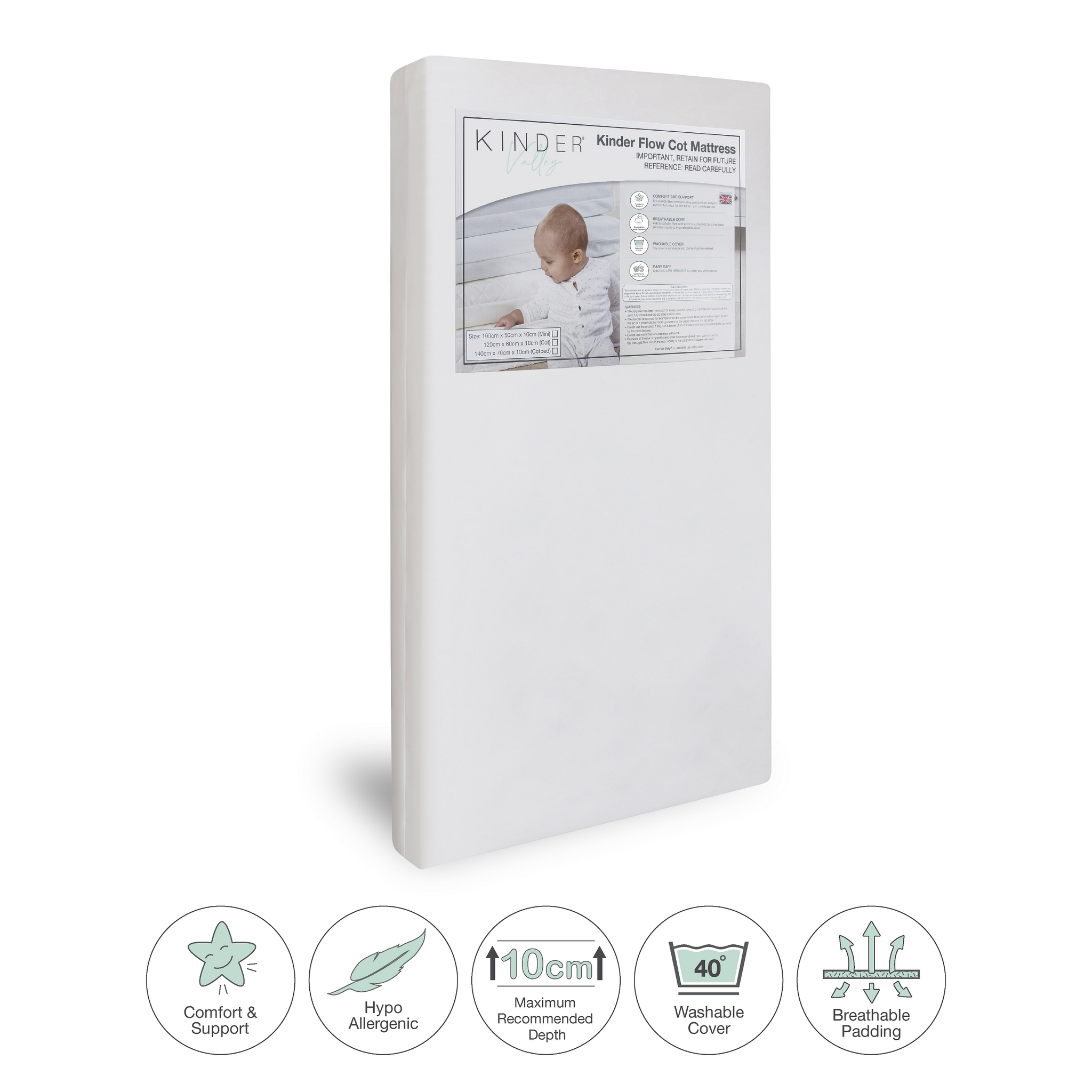 Kinder mattress packaging with product details on a white background