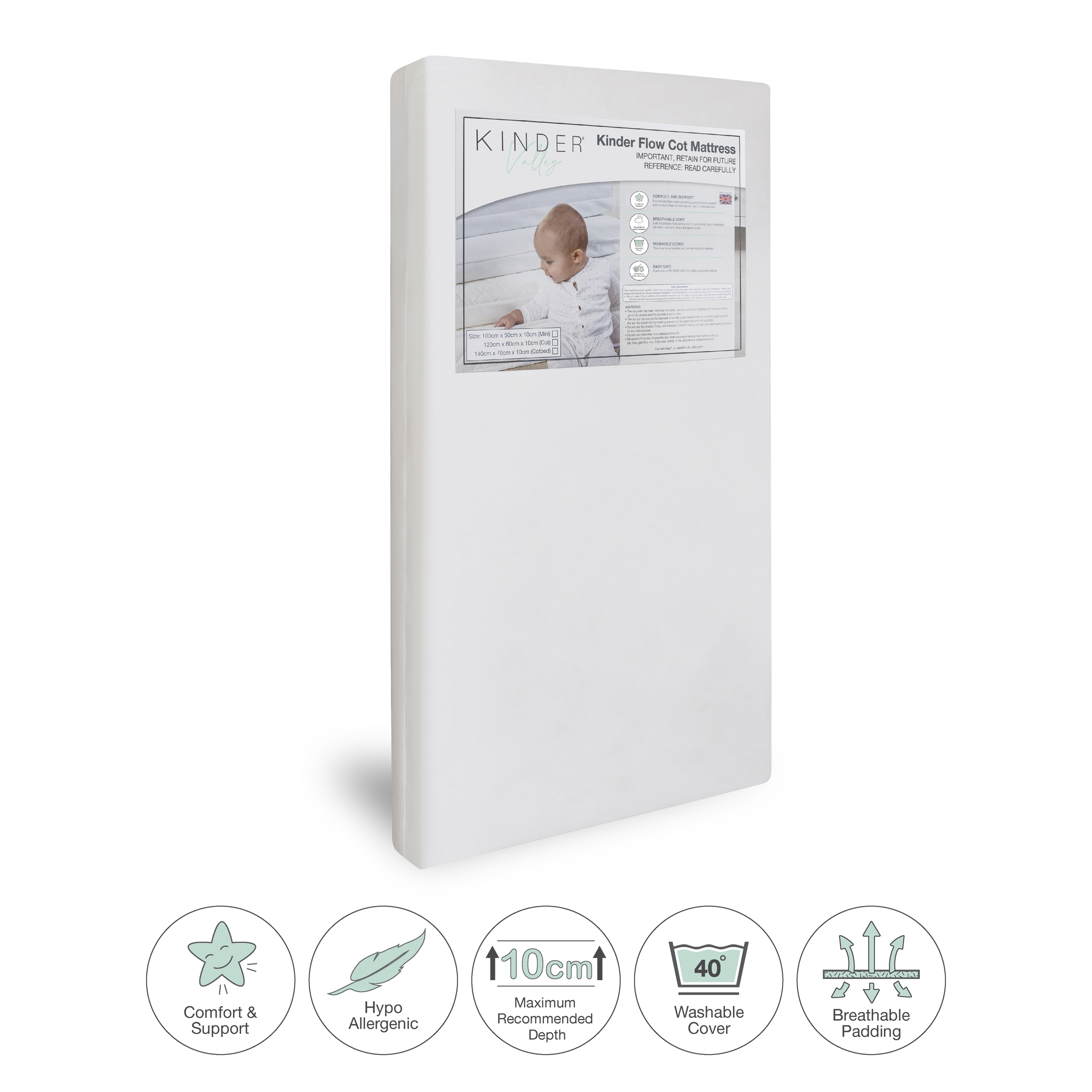 Kinder mattress packaging with product details and features on a white background