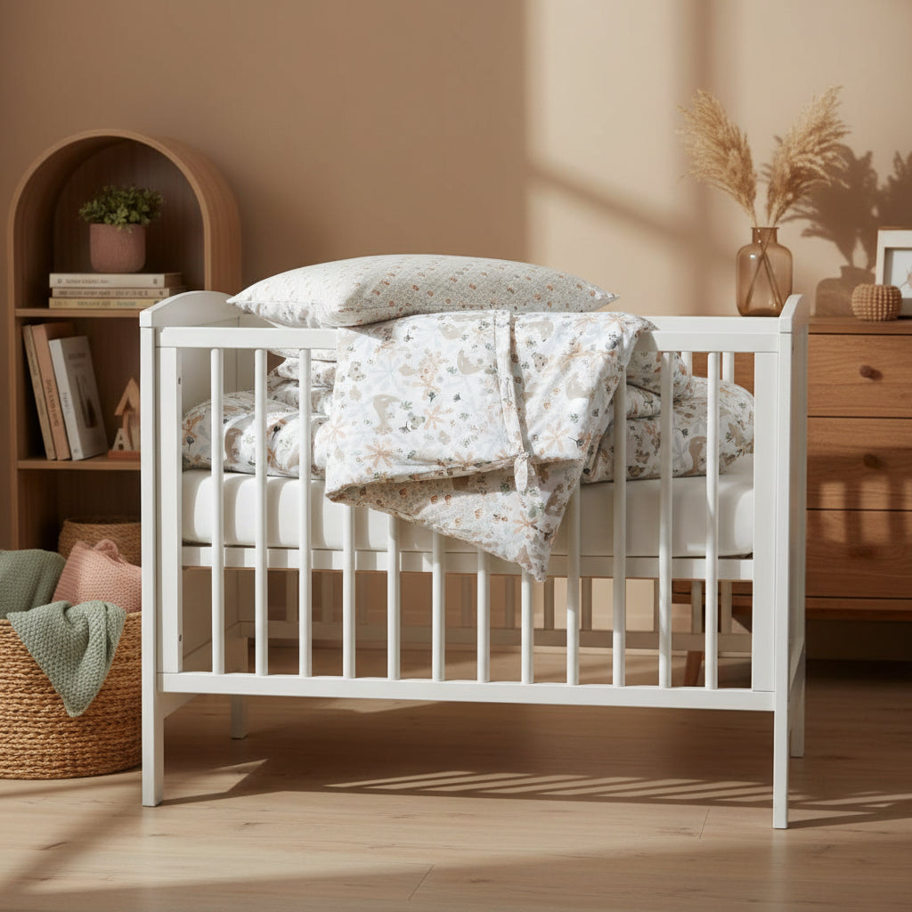 White crib with floral bedding in a warm-toned nursery