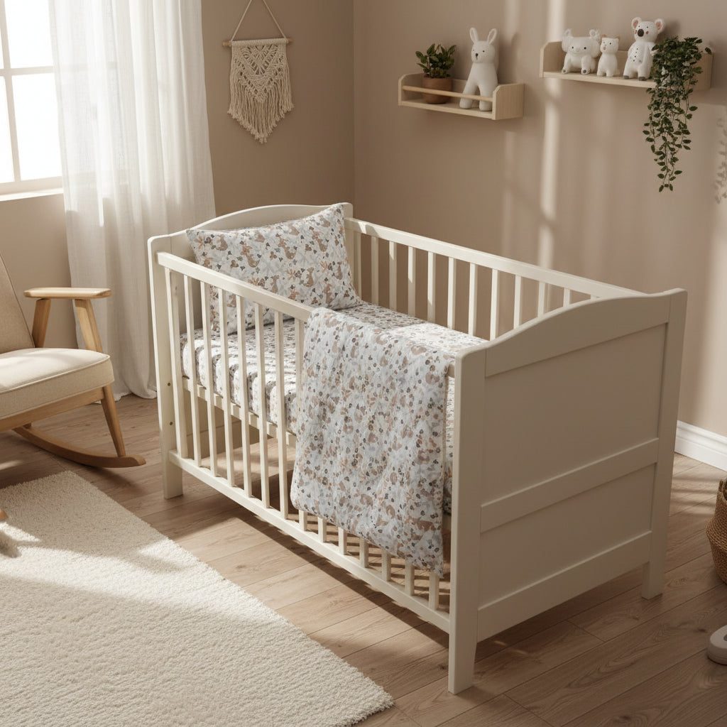 White crib with floral bedding in a nursery setting with a rocking chair and shelves.