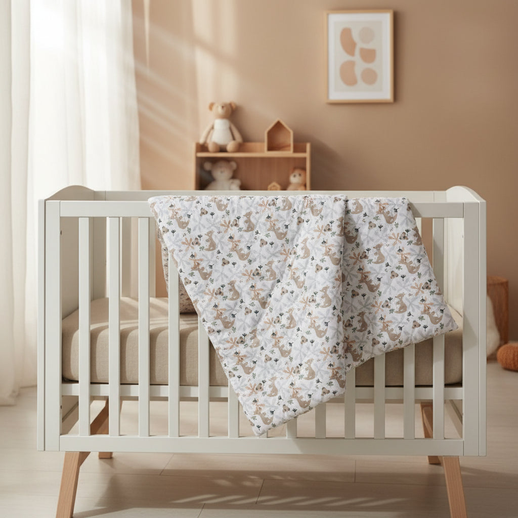 White crib with a floral blanket in a nursery setting