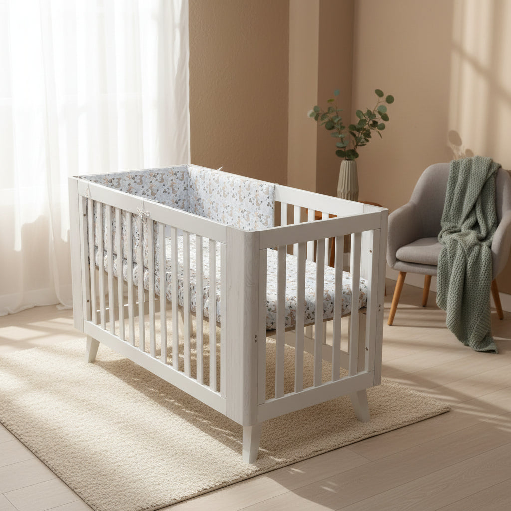 White crib with floral bedding in a softly lit room with a chair and plant.