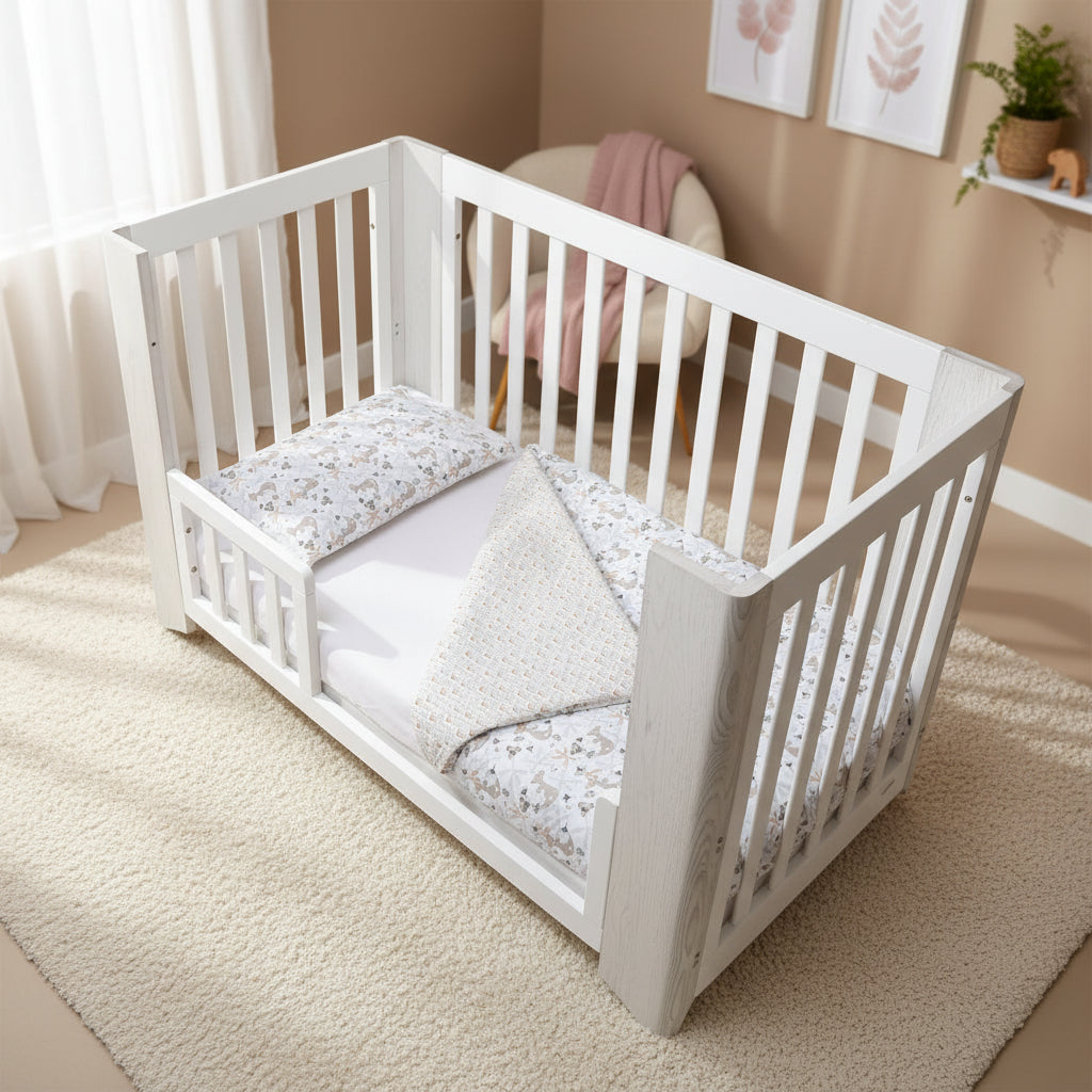 White crib with floral-patterned bedding in a nursery setting