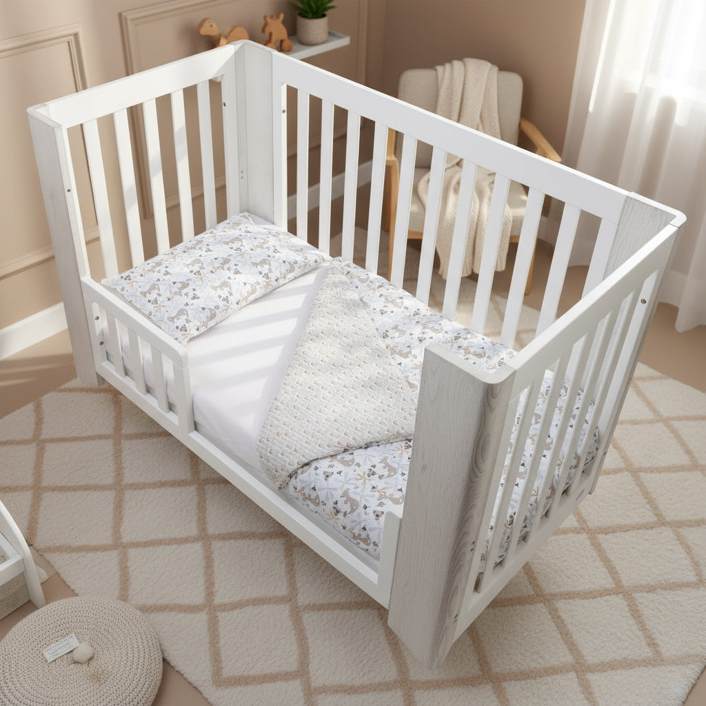 White crib with floral bedding in a nursery setting