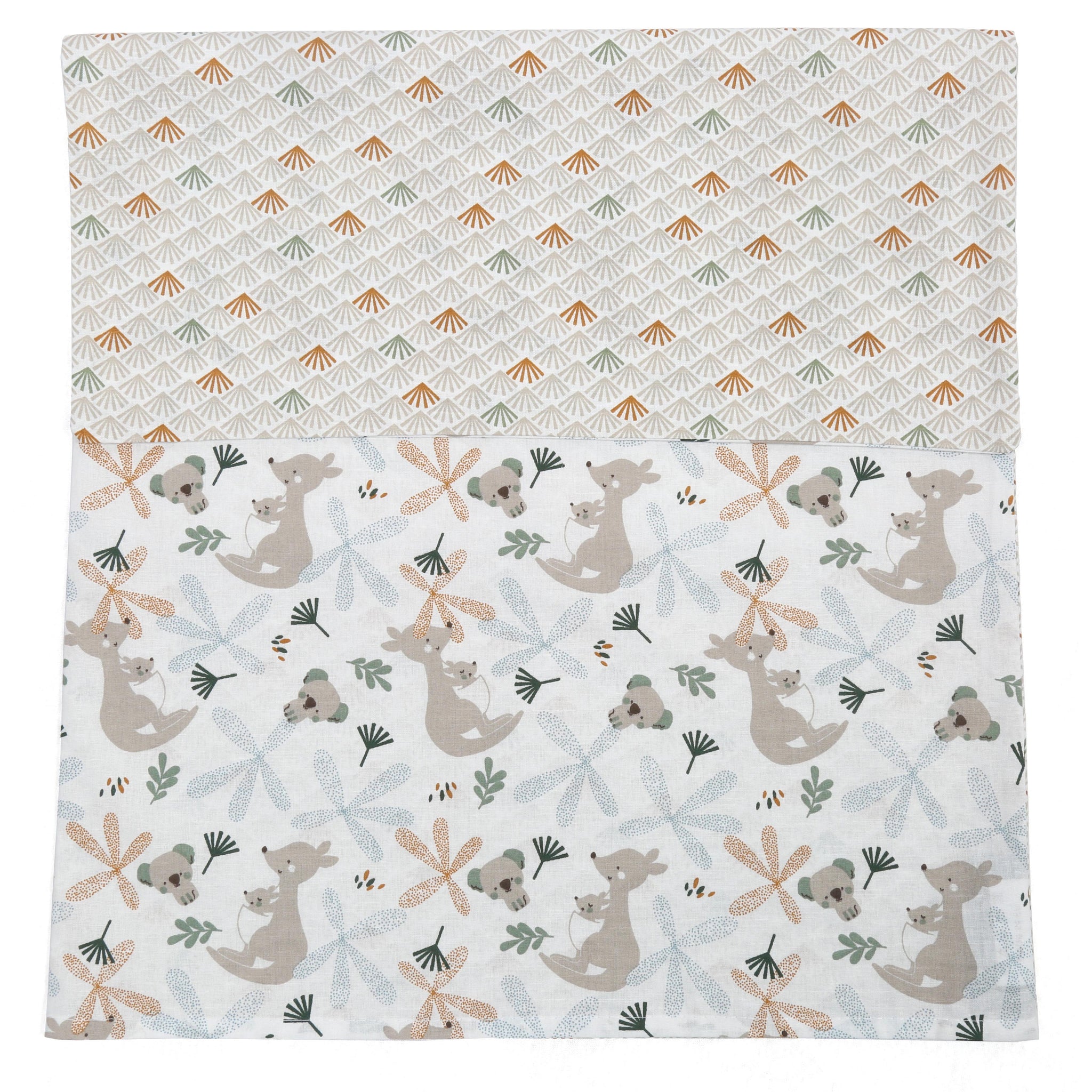 Patterned fabric with koala designs and geometric shapes on a white background