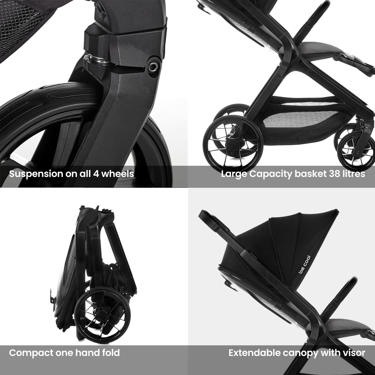 Black stroller with features highlighted on a white background
