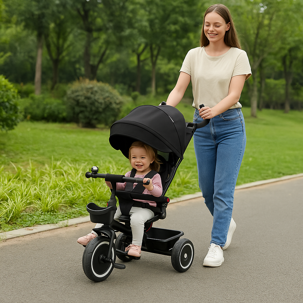 Woman pushing a child in a black stroller along a path in a park.