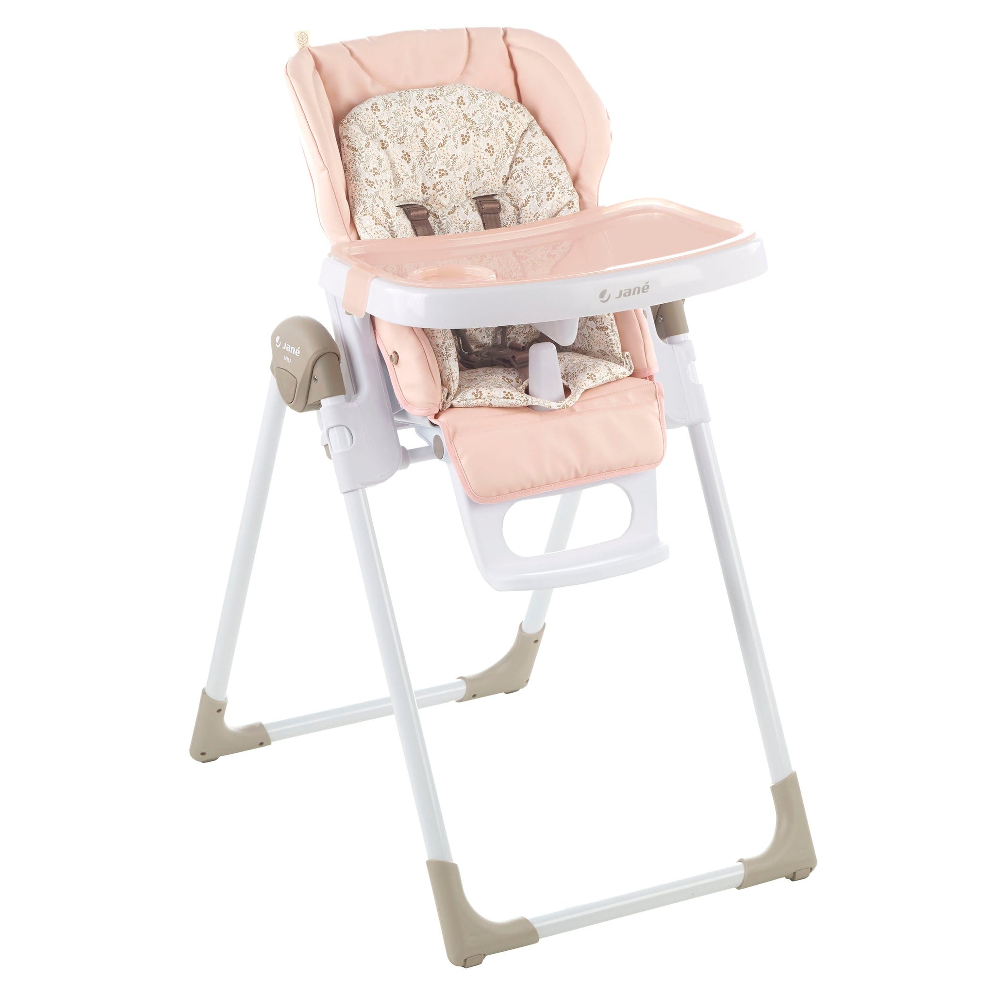 Pink and beige high chair on a white background