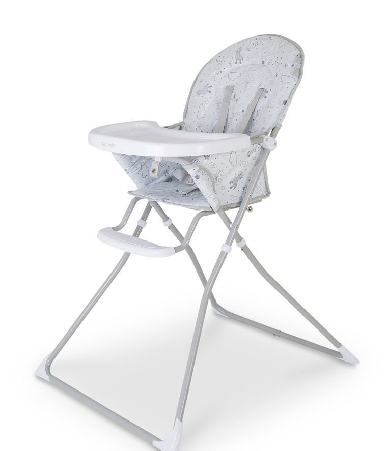 Foldable baby high chair with patterned seat on a white background