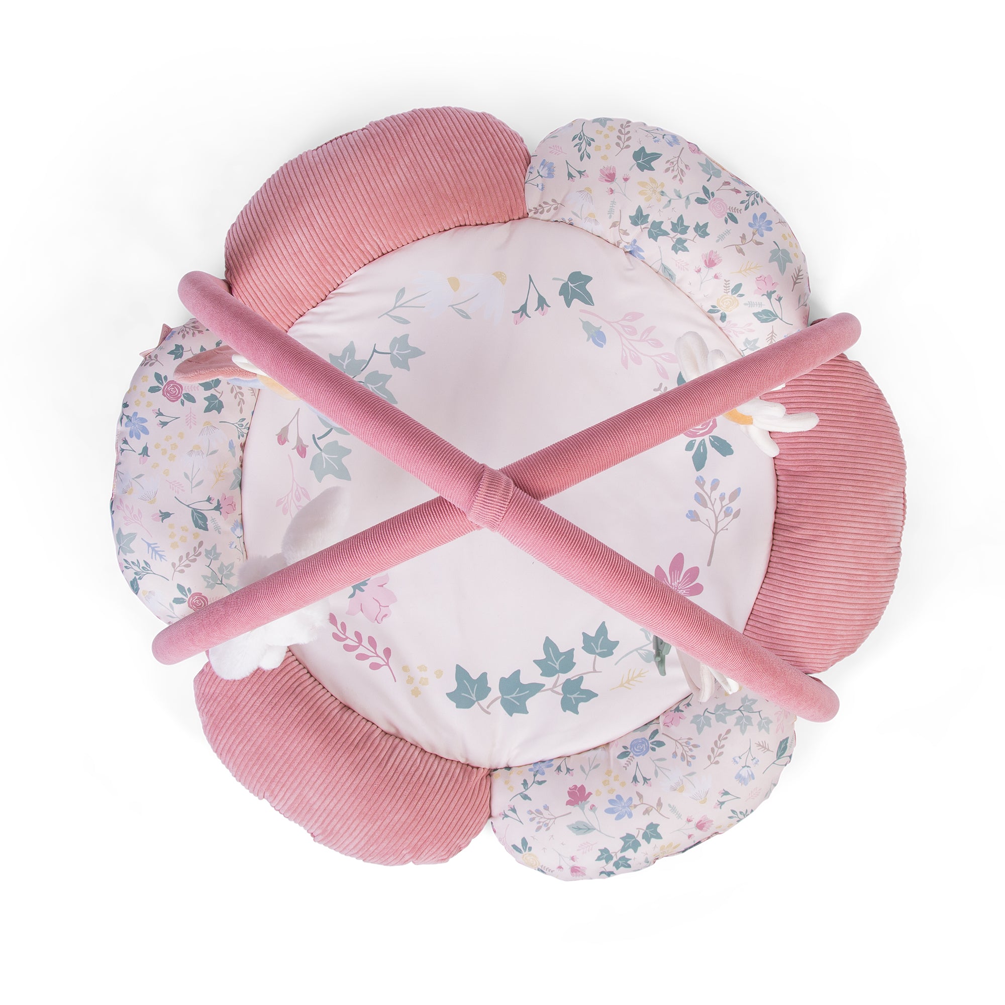 Floral-patterned baby nest with pink accents on a white background
