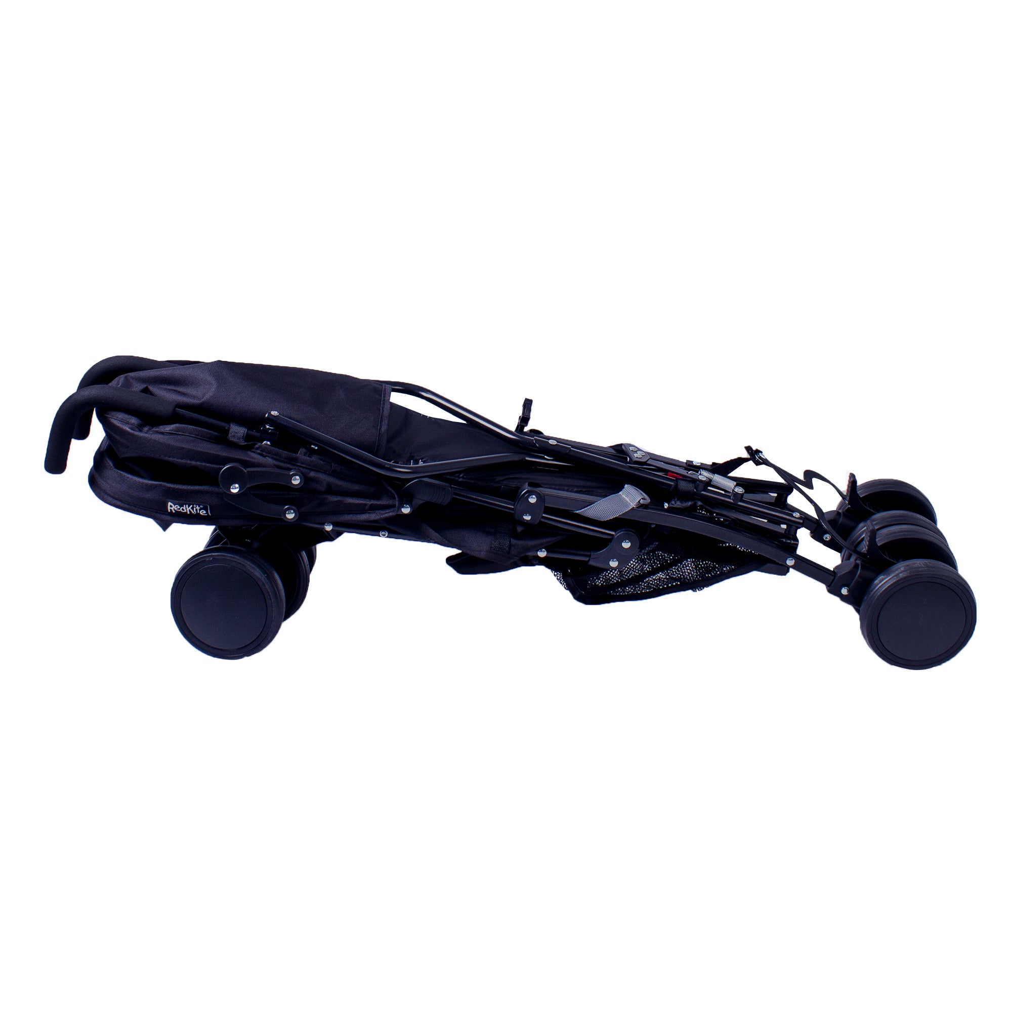 Black stroller collapsed on a white background