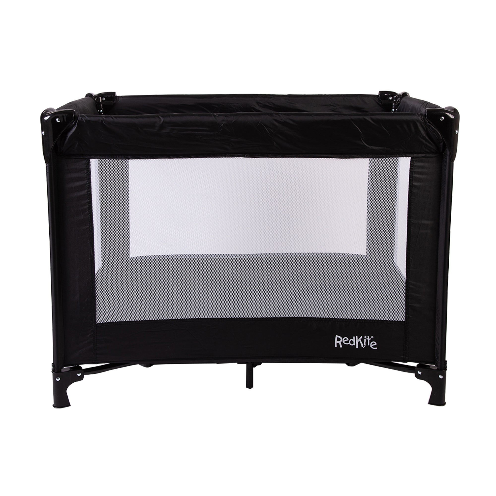 Black baby playpen with mesh door on a white background