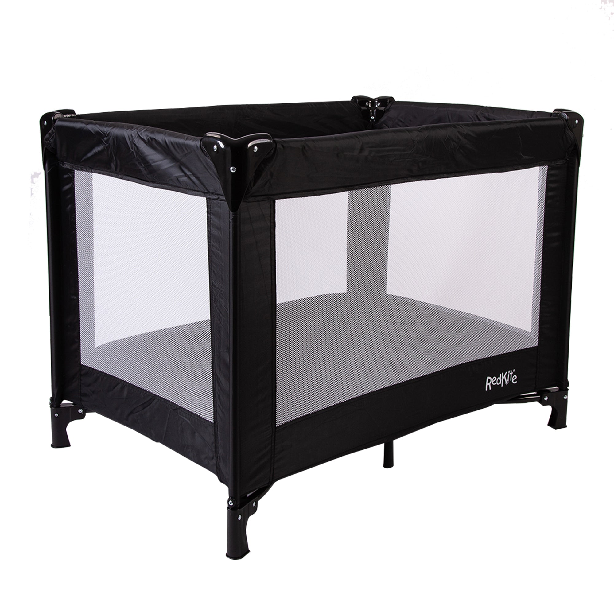 Black playpen with mesh sides on a white background
