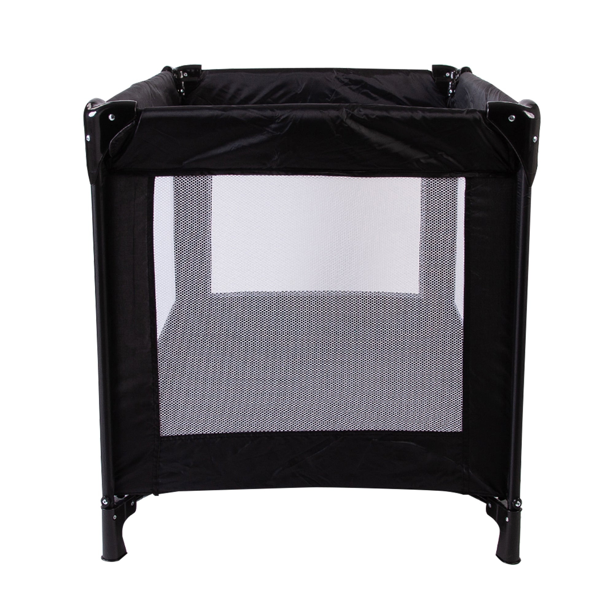 Black playpen with mesh side on a white background