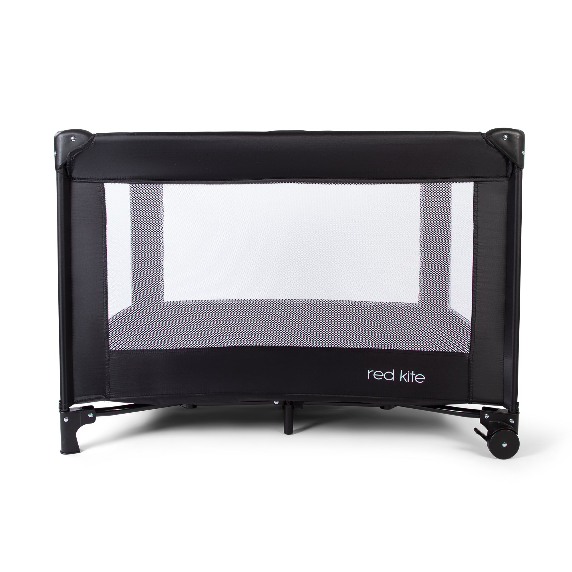 Black baby playpen with mesh panel on a white background, featuring the 'red kite' brand.