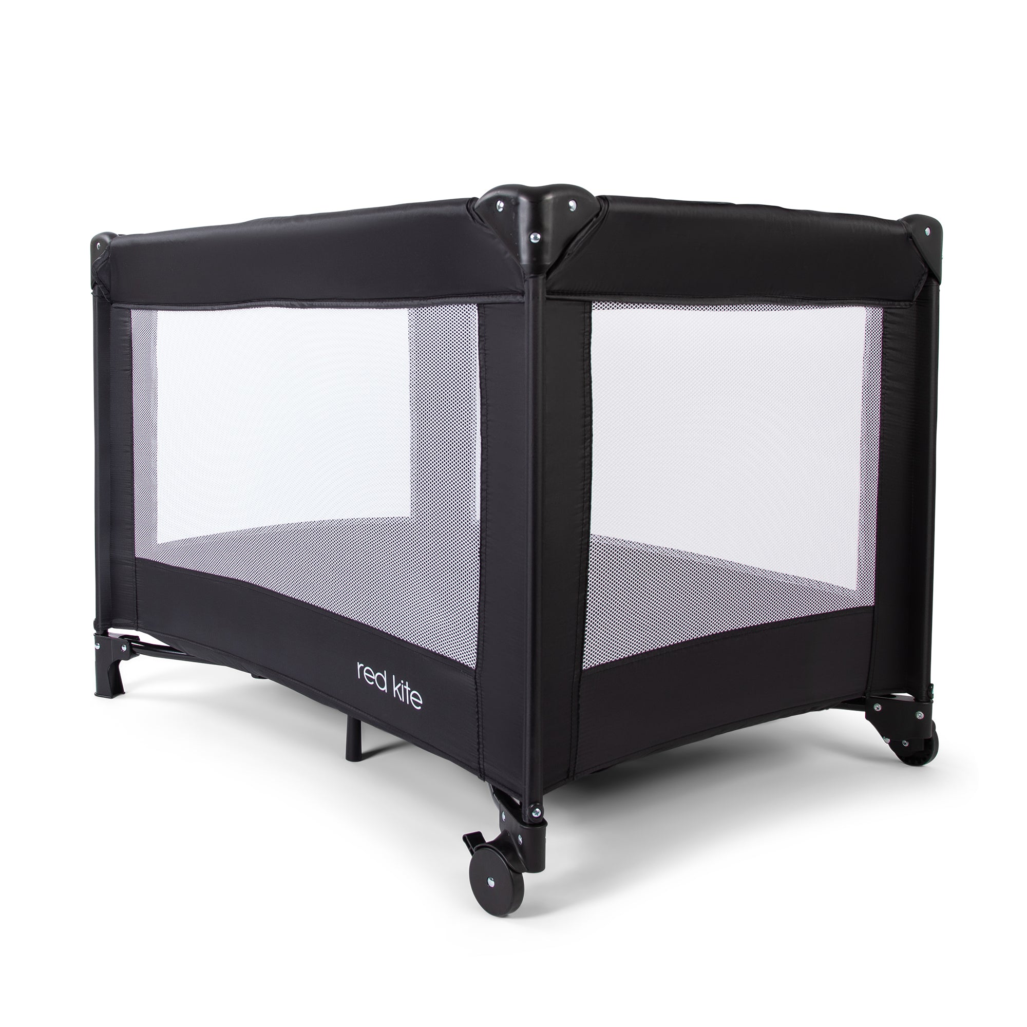 Black baby playpen with mesh sides on a white background