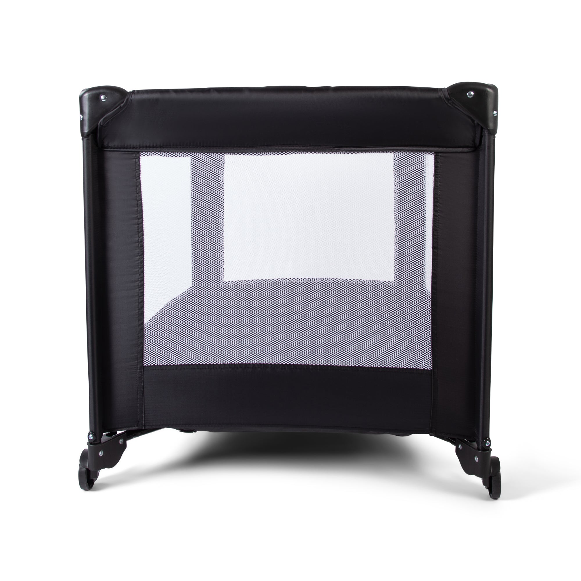 Black mesh playpen on a white background