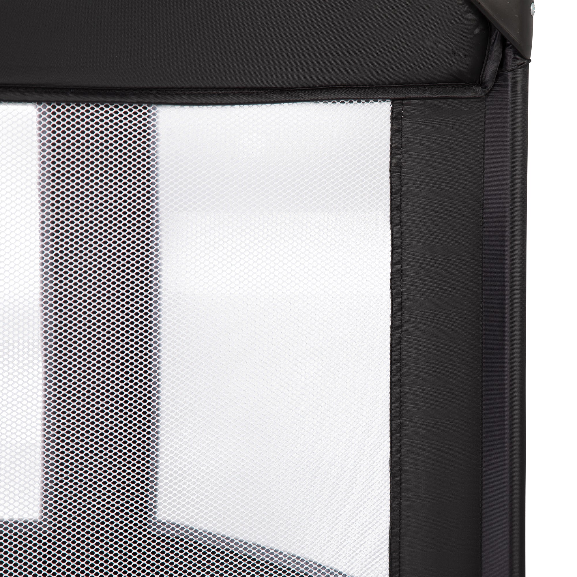 Close-up of a black screen door with mesh detail