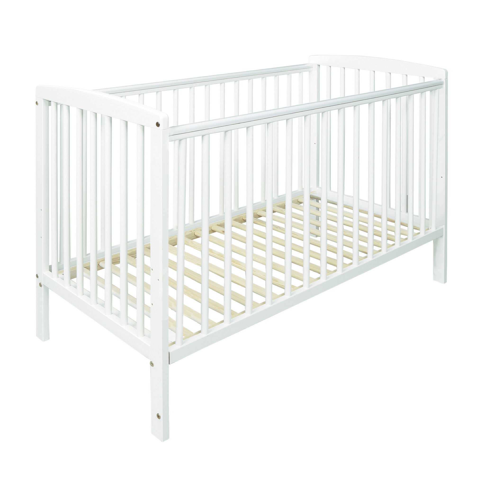 White crib with a wooden slatted base on a white background