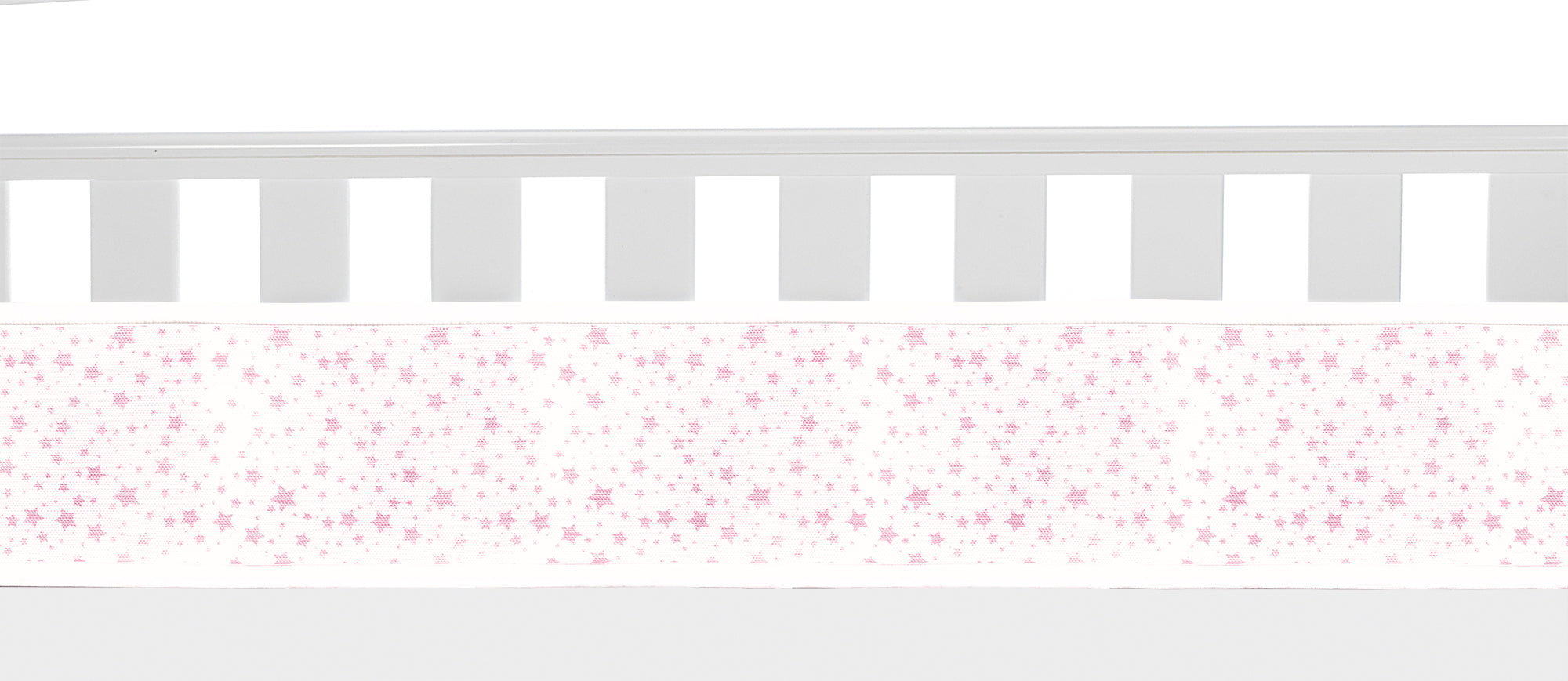 cot bumper with pink stars on white background