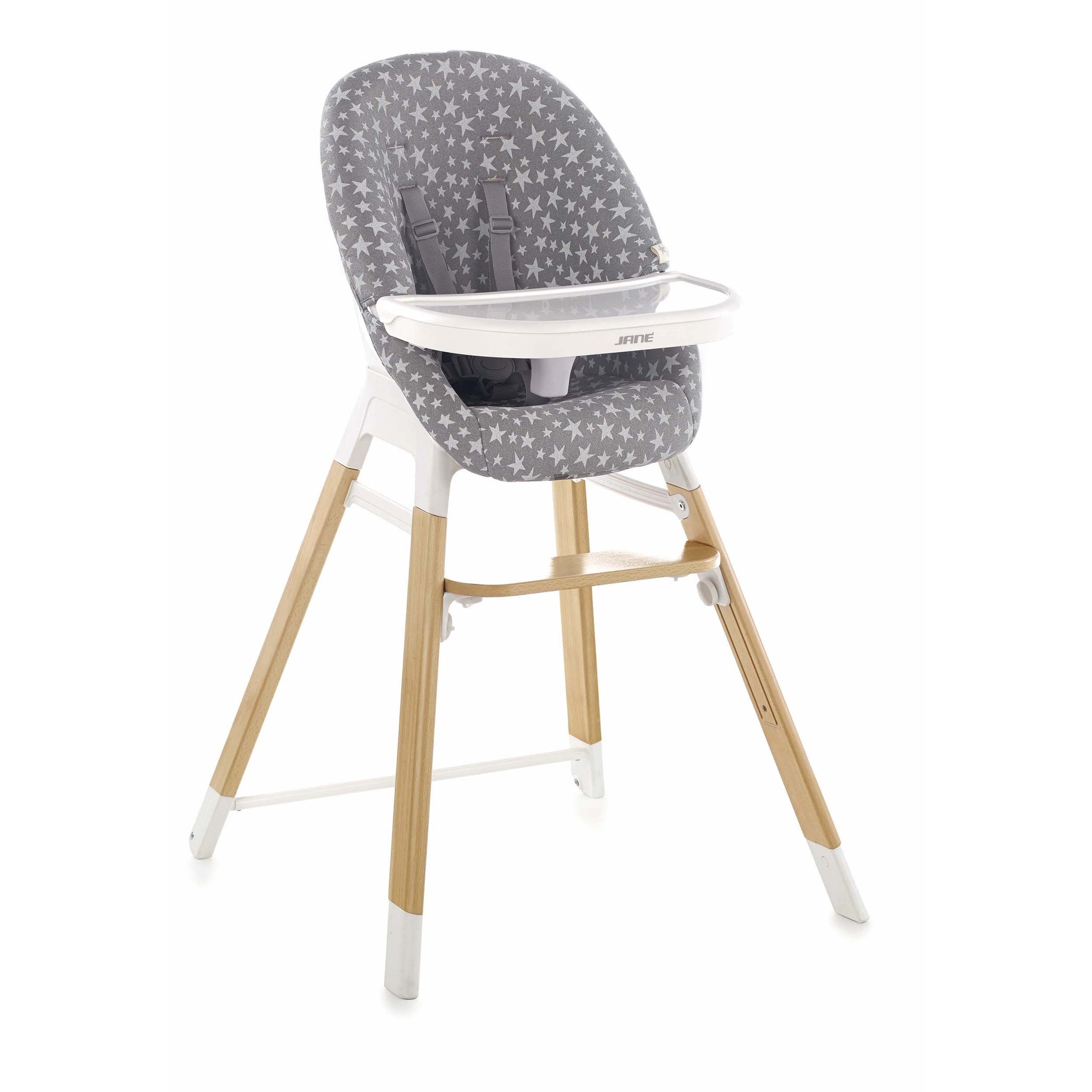 High chair with star-patterned gray cushion on a white background