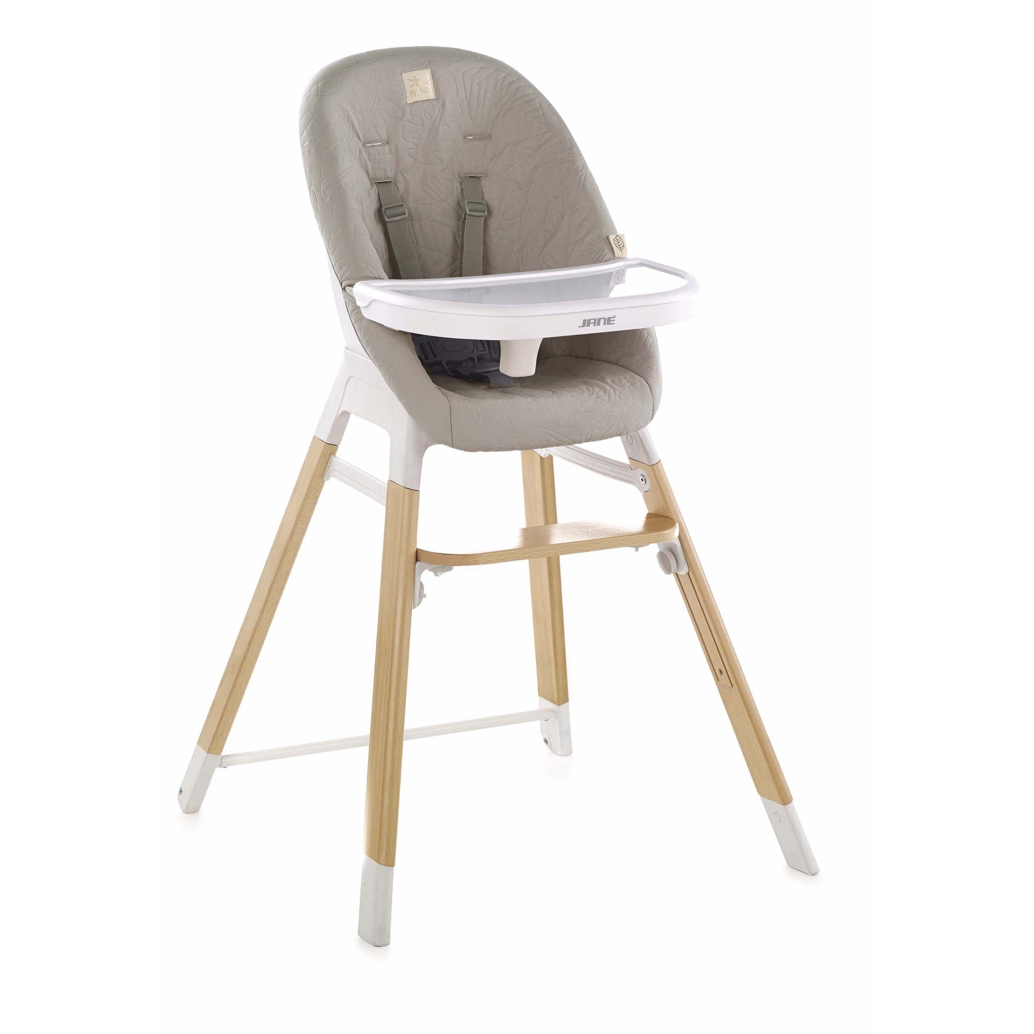High chair with gray cushion and wooden legs on a white background