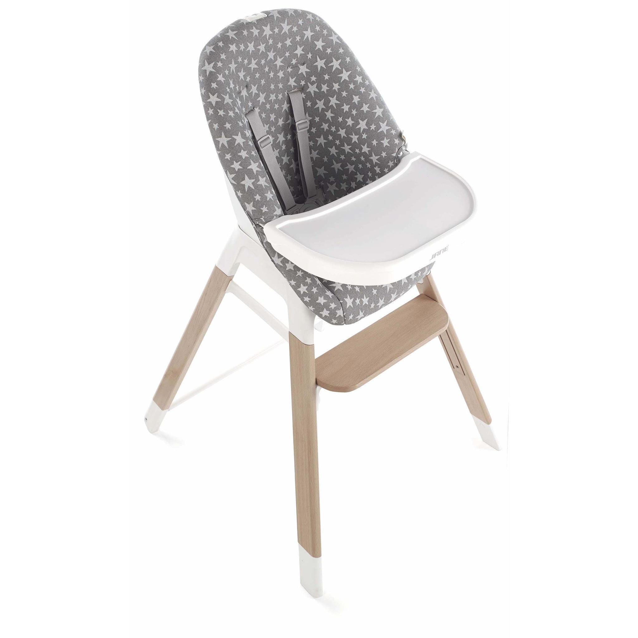Children's high chair with gray star-patterned seat on a white background