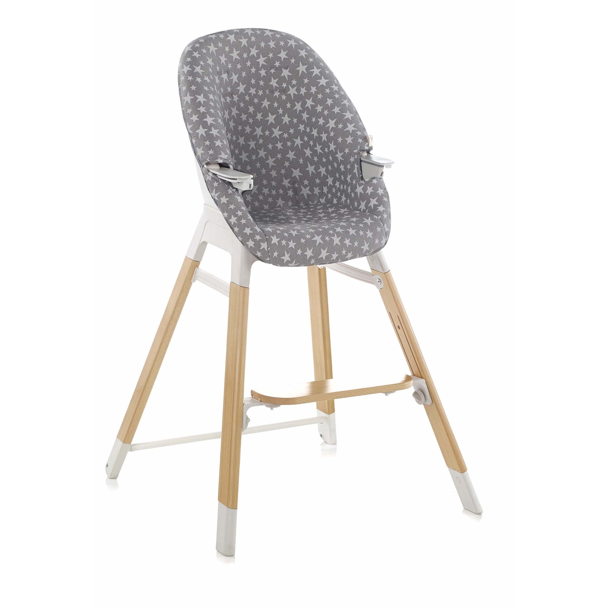 High chair with star-patterned gray seat on a white background