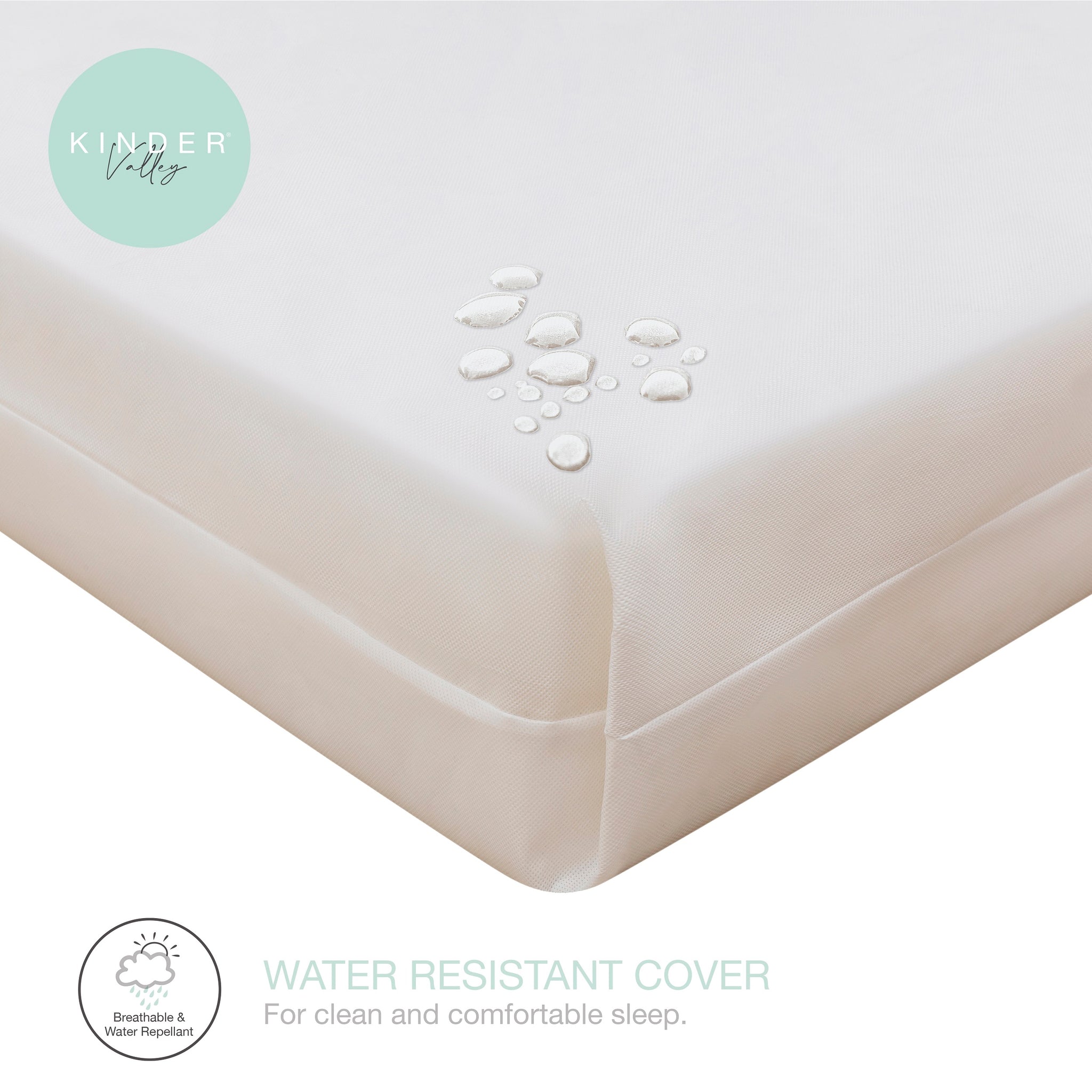 Waterproof mattress with droplet graphics and Kinder Valley branding on a white background.