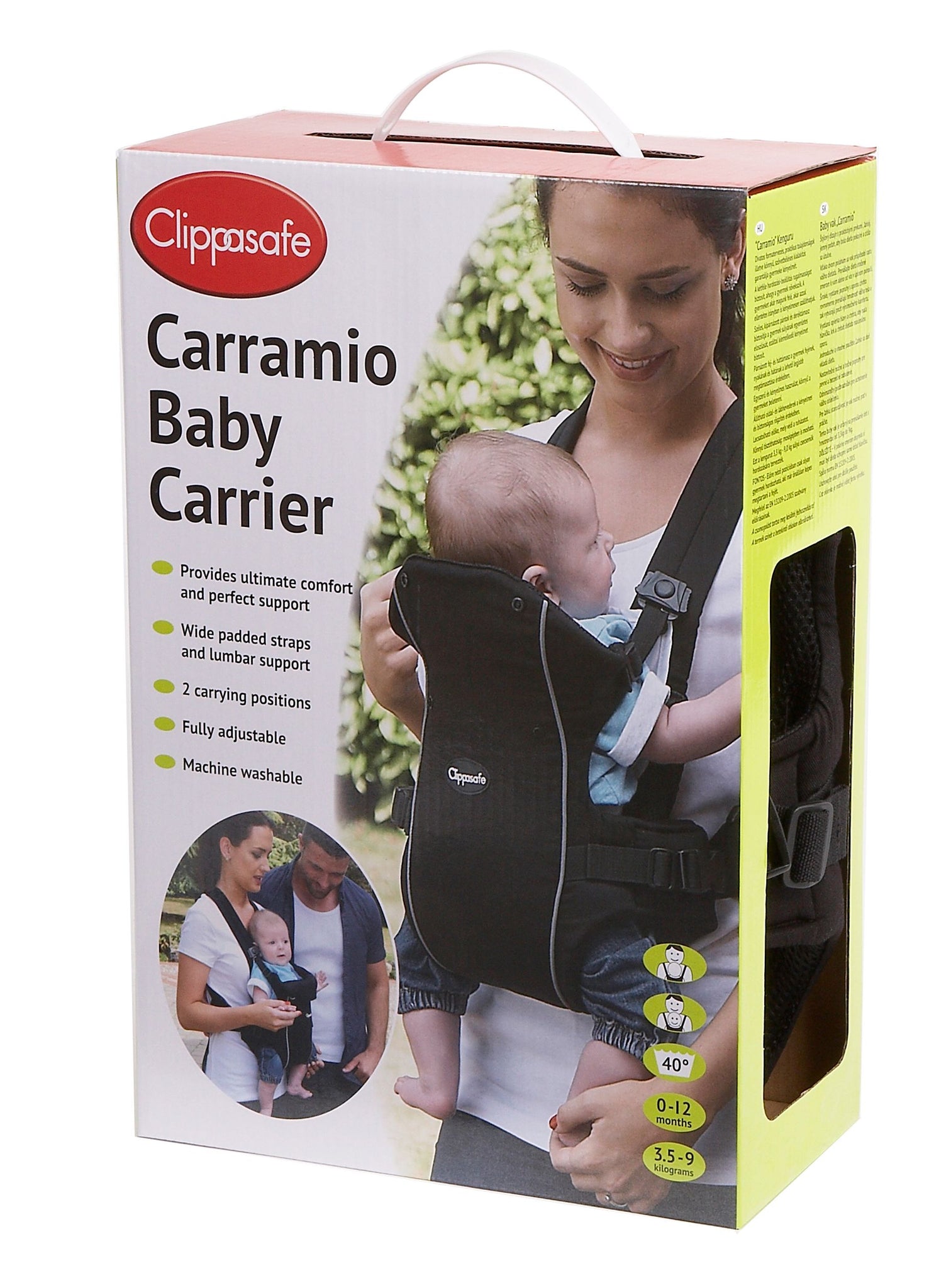 Clippasafe Carramio Baby Carrier packaging with images of a baby being carried and text on a white background.