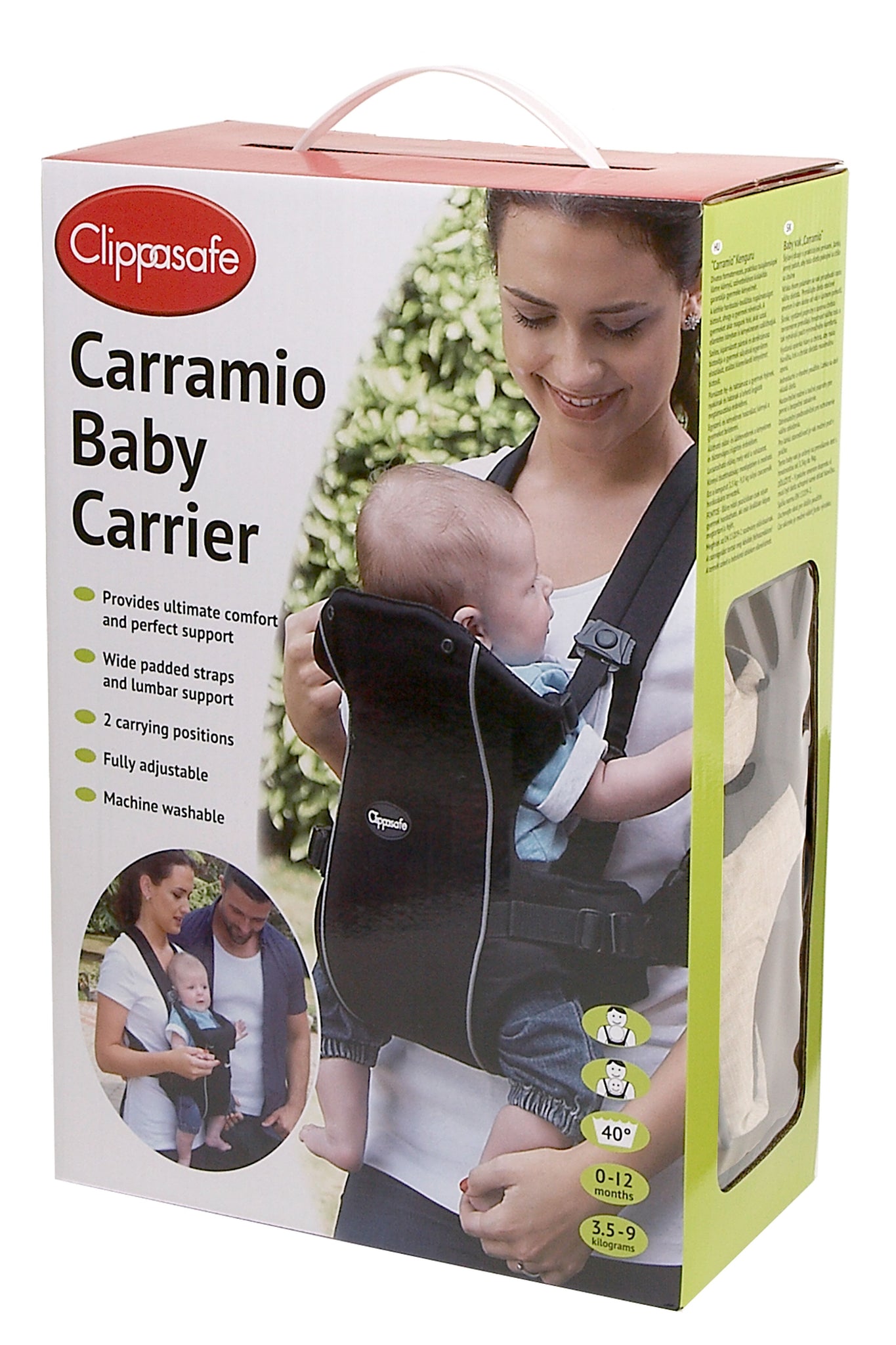 Clippasafe Carramio Baby Carrier packaging with a woman holding a baby