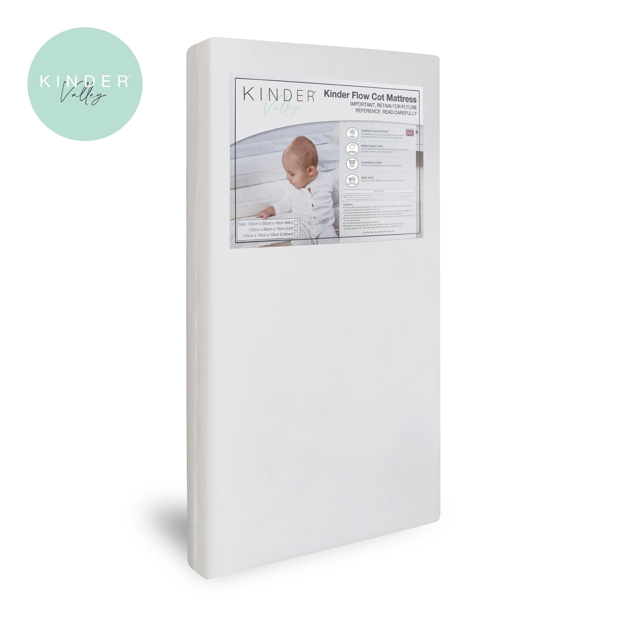 Kinder Valley cot mattress packaging on a white background