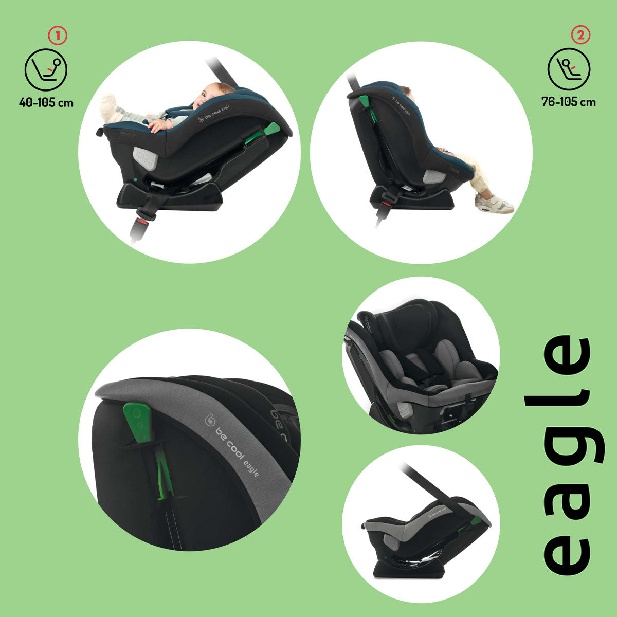 Baby car seat with various angles on a green background, featuring the brand 'eagle'.
