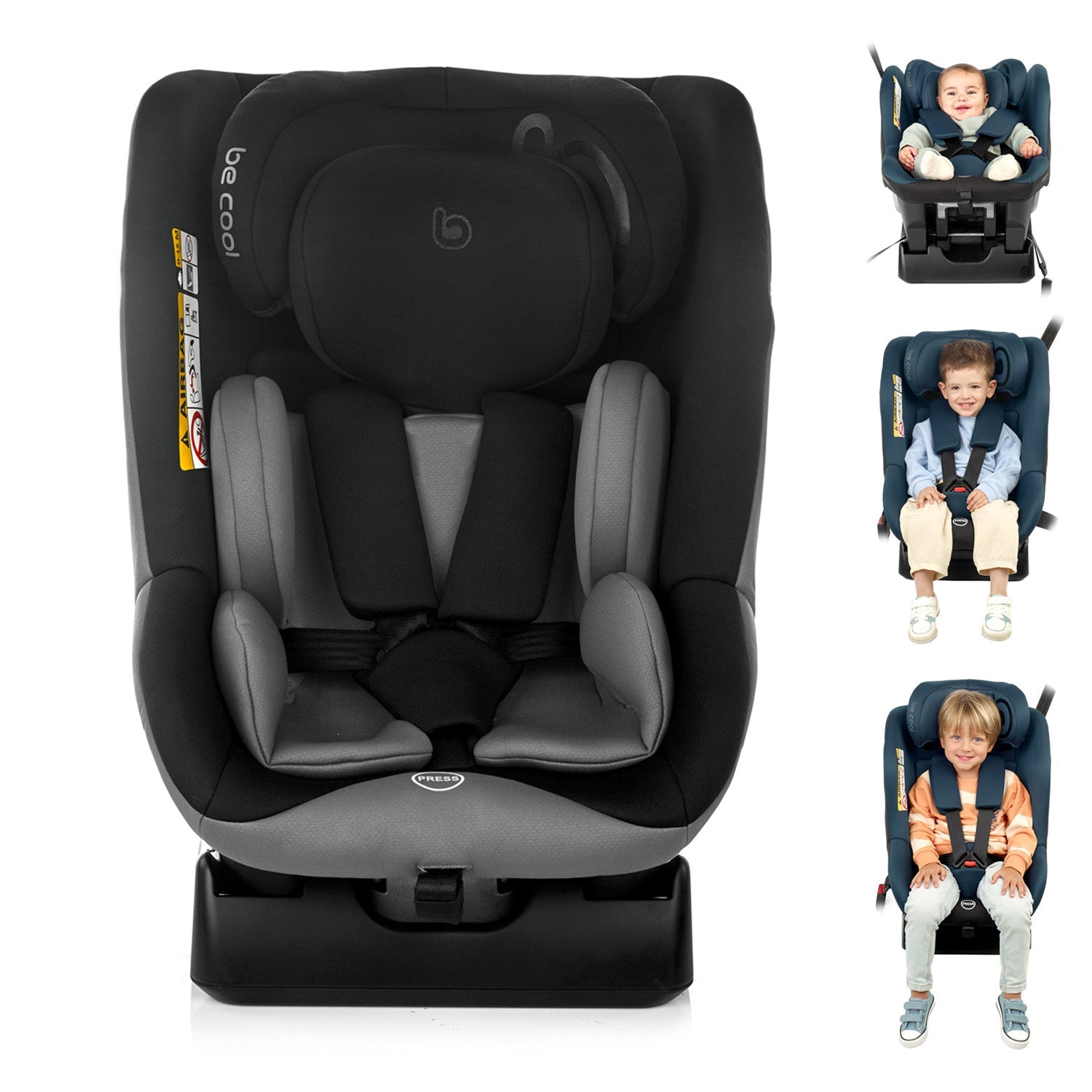 Black and gray car seat with multiple views of a child using it