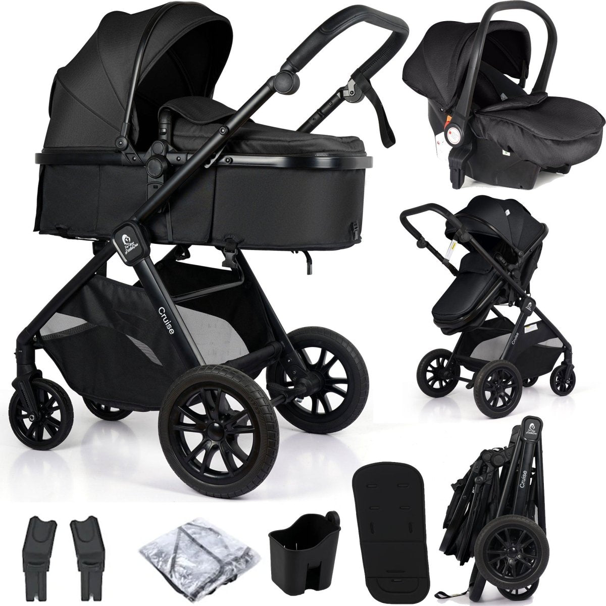 Black baby stroller and car seat set with accessories on a white background
